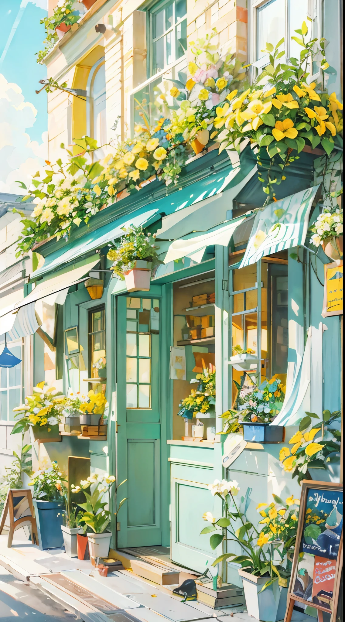 Florist scene, yellow flowers and green awnings outline the watercolor style of the flower shop, gentle, aesthetic green-yellow tones, filled with flowers and plants, turquoise tones, pale yellow-green tones, blue sky, clouds, beautiful art full of light, matte gouache illustration, hand-painted Studio Ghibli, no human