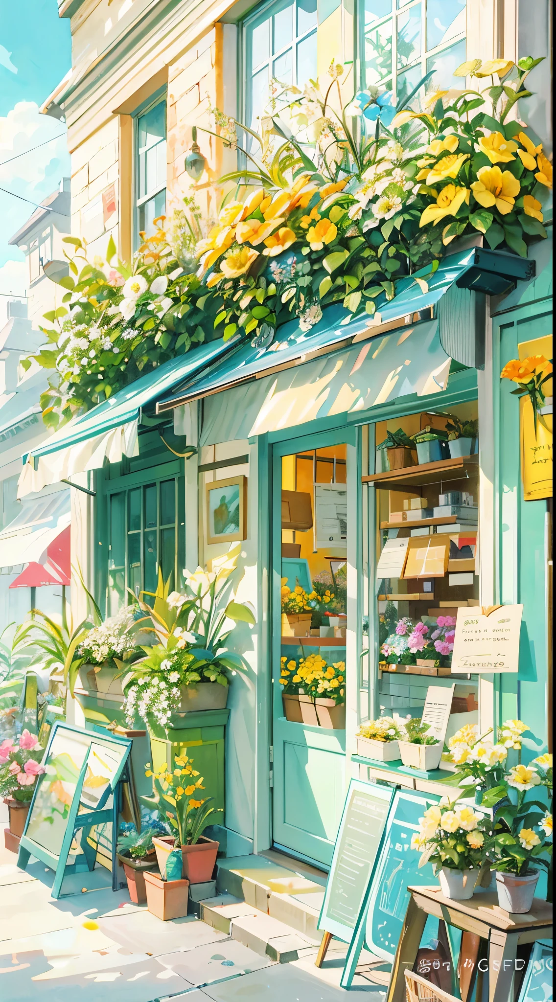 Florist scene, yellow flowers and green awnings outline the watercolor style of the flower shop, gentle, aesthetic green-yellow tones, filled with flowers and plants, turquoise tones, pale yellow-green tones, blue sky, clouds, beautiful art full of light, matte gouache illustration, hand-painted Studio Ghibli, no human