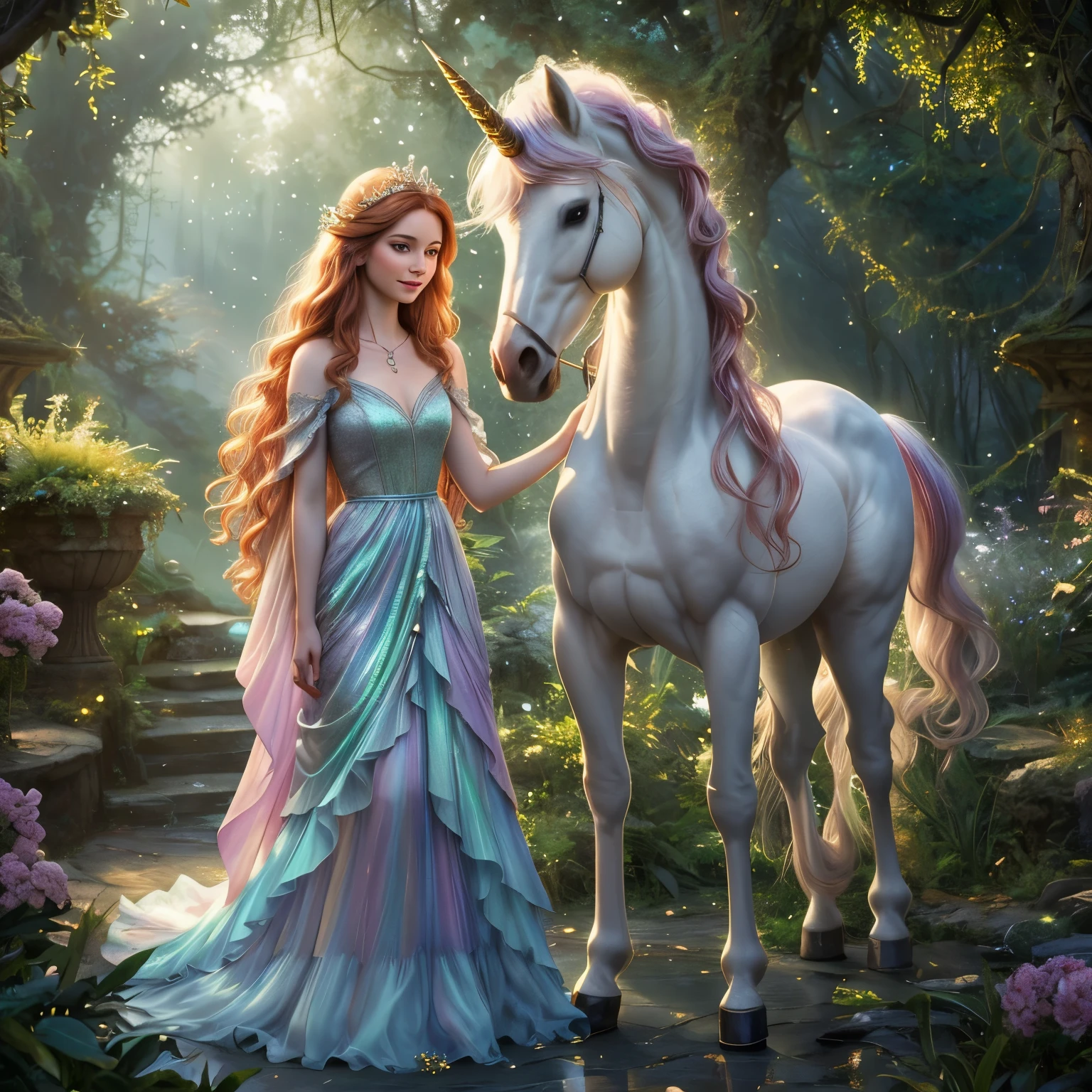 A captivating full body shot of a radiant maiden in a whimsical enchanted forest, tenderly caressing a majestic unicorn with iridescent horn, bathed in ethereal moonlight. The maiden, adorned in a flowing gown of pastel hues, shows a gentle smile on her angelic face. Her long, wavy auburn hair cascades down her back, blending seamlessly with the lush greenery. The unicorn, with its radiant mane and tail, looks intently at the maiden with trust and affection, reflecting the magic and wonder of the fantasy realm. The scene, depicted in an --ar