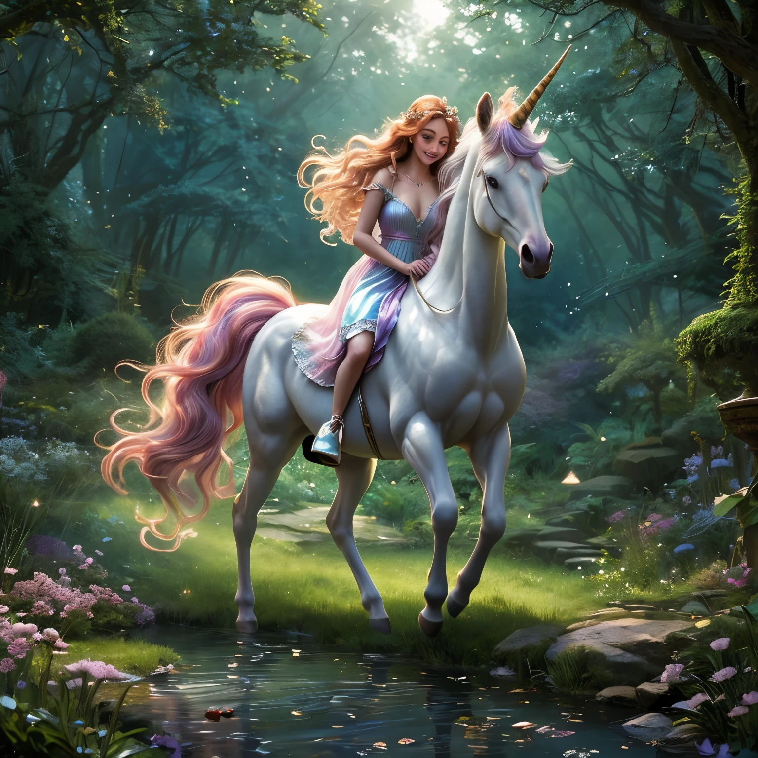 A captivating full body shot of a radiant maiden in a whimsical enchanted forest, tenderly caressing a majestic unicorn with iridescent horn, bathed in ethereal moonlight. The maiden, adorned in a flowing gown of pastel hues, shows a gentle smile on her angelic face. Her long, wavy auburn hair cascades down her back, blending seamlessly with the lush greenery. The unicorn, with its radiant mane and tail, looks intently at the maiden with trust and affection, reflecting the magic and wonder of the fantasy realm. The scene, depicted in an --ar