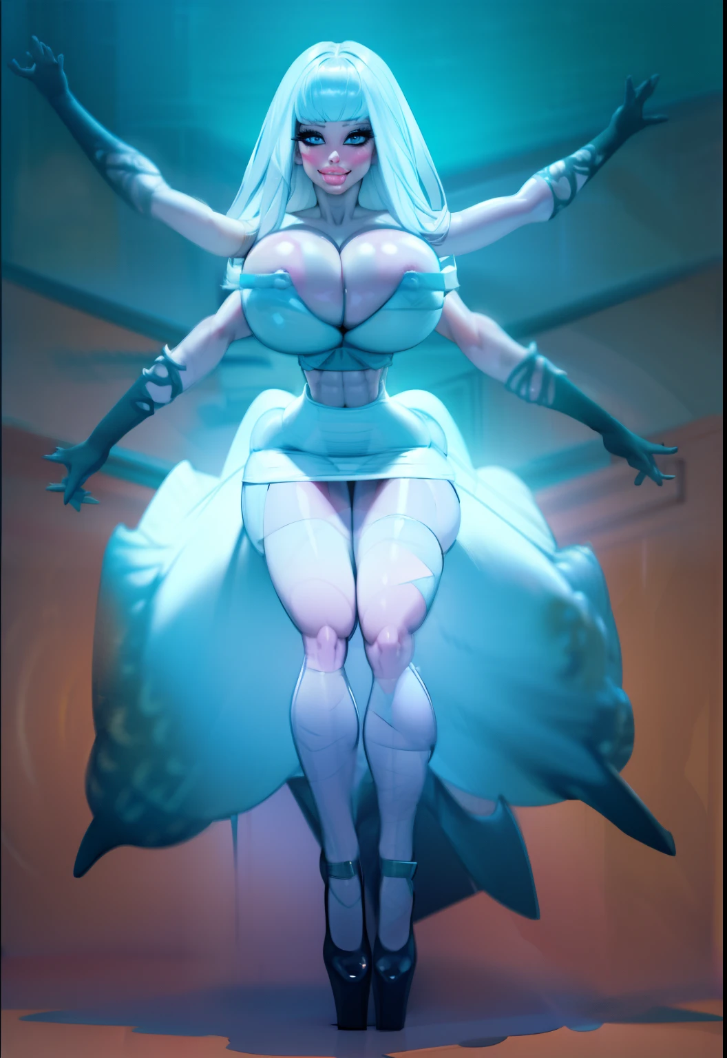 blush, smile, glowing aura, natural light, masterpiece, glossy skin, juicy lips , sexy, hot, cleavage, evil,juicy lips, bimbo, ((4 arms)), multiple arms, hour glass figure, light silver hair, (really long hair), (slendered abs:1.4), wide eyes, blue eyes, (gigantic breasts:1.3), dark lighting, (black heels), off the shoulder dress, white dress, ((intricate dress:1.2)), ((pale skin :1.3)), (colored skin),multiple arms, perfect hands, black gloves, fairy wings