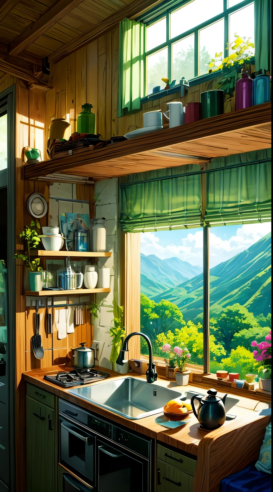 a kitchen with a stove top oven sitting under a window, house kitchen on a sunny day, filled with flowers and plants, bohemian kitchen, add more details, painting illustration,  by Makoto Shinkai, by makoto shinkai, cozy home background, kitchen background, anime. by makoto shinkai, scenery art detailed, makoto shinkai. high detail, anime countryside landscape, clean detailed anime art, saturated, illustration, kitchen scene, relaxing, traditional kitchen