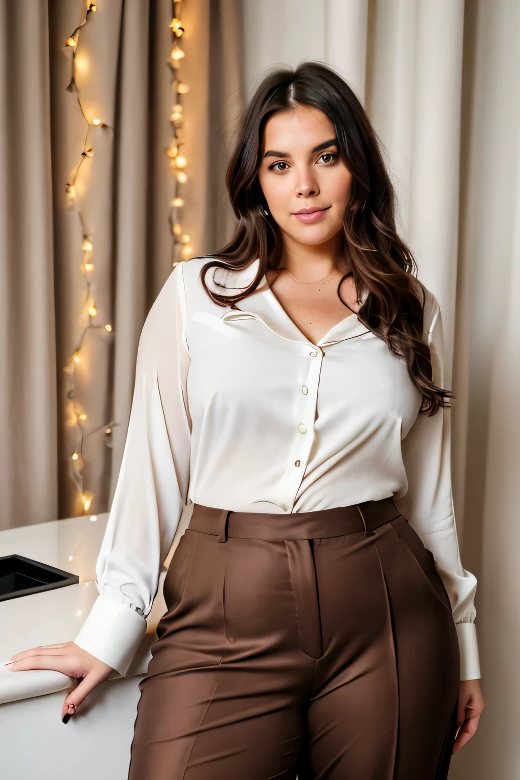 a chubby woman with green eyes wearing red lipstick and long straight brown hair with a white blouse with a sweetheart neckline and belt and wearing jewelry