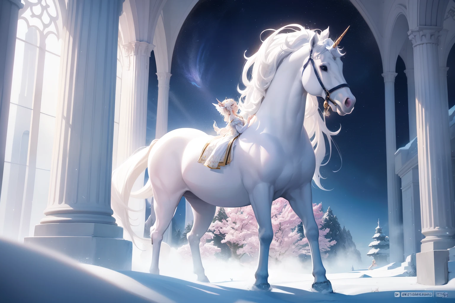 In a realm of pure enchantment and whimsy, a breathtaking scene unfolds between a captivating maiden and a majestic unicorn. The maiden, adorned in ethereal white gown, stands before the mystical creature with her arms outstretched, her eyes gleaming with wonder. Her long, golden locks cascade down her back, catching the light and shimmering like strands of silk.
The unicorn, a symbol of purity and magic, stands proudly before the maiden. Its coat, a radiant and mesmerizing shade of silver and white, glows under the soft, enchanted sunlight. Its graceful curves and elegant
