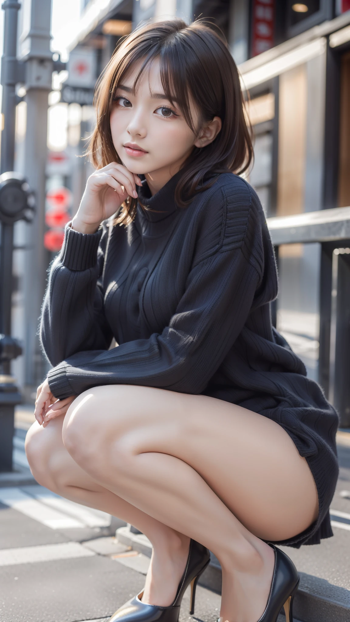 Photo taken by a professional photographer,Close-up of a woman squatting on the sidewalk with her legs crossed, kiko mizuhara, wearing a sweater, Shirahime cut brown hair, wearing a sweater, young and cute girl, japanese model, 白いwearing a sweater, Chiho, ランダムカラーのカジュアルなwearing a sweater,Cute ide waves with short hair, a cute young woman, cute young woman, black pantyhose,black tights,black high heels,