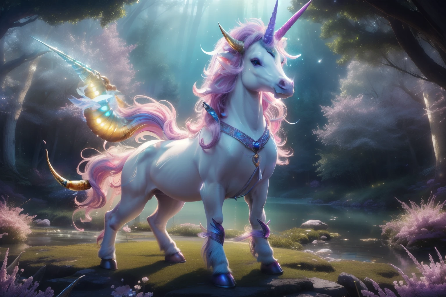 (SFW(((Masutepiece)))), (((Best Quality)))), ((Ultra-detailed))), (extremely detailed photo), ((extremely delicate and beautiful)), (Cute delicate face), Cinematic Light, ((Unicorn and Maiden)), Solo, Full body, ((Magical horn:1.4)), ((Flowing mane)), (shimmering fur), (ethereal glow:1.2), (majestic creature:1.1), (Eyes filled with wonder), (Enchanting smile), (Graceful posture), (Mystical bond), (Fantasy realm backdrop), (Mesmerizing atmosphere), (Dazzling colors:1.3), (Dynamic lighting), (High resolution), (Sharp focus), gigantic breasts, cleavage