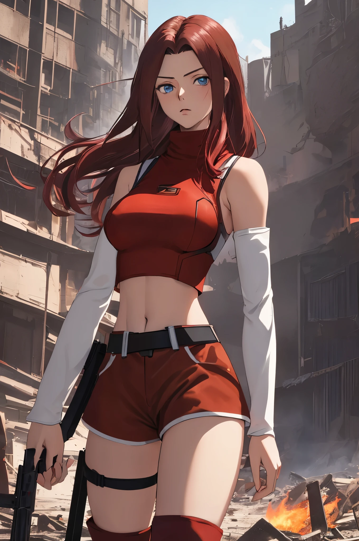 masterpiece, best quality, highly detailed, highres, hdr,
code geass, 1girl, solo, kallen stadtfeld,holding weapon, gun, holding gun, 
bare shoulders, midriff, (((brown sleeveless turtleneck))), red thighhighs, (((brown shorts))), red shirt, ((white detached sleeves)), clothing cutout, zettai ryouiki, white belt, red legwear,
blue eyes, large breasts, black hair, long hair,
cowboy shot, intense angle,
mksks style, beautiful background, detailed background, professional lightning, post-apocalypse, buildings, burning, fire, light particles,