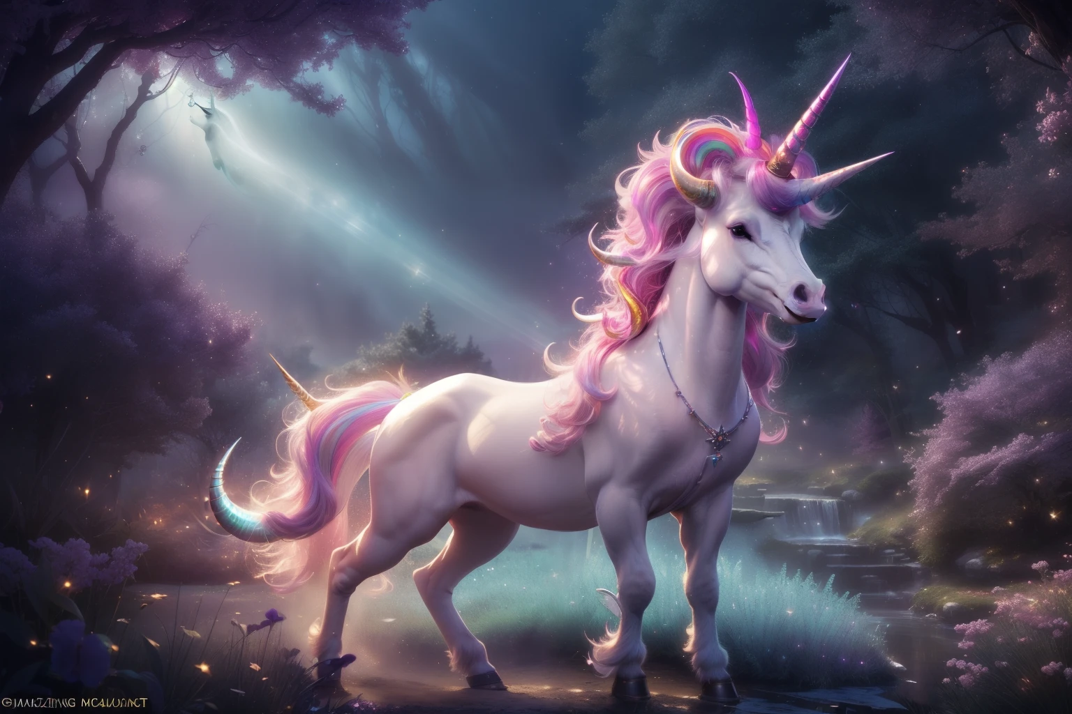 score_s, score_l, score_h, score_xlunicorn, Very photorealistic,full body,grey horse,A single sharp horn grows on his forehead,Illusory scenery, Dreamy