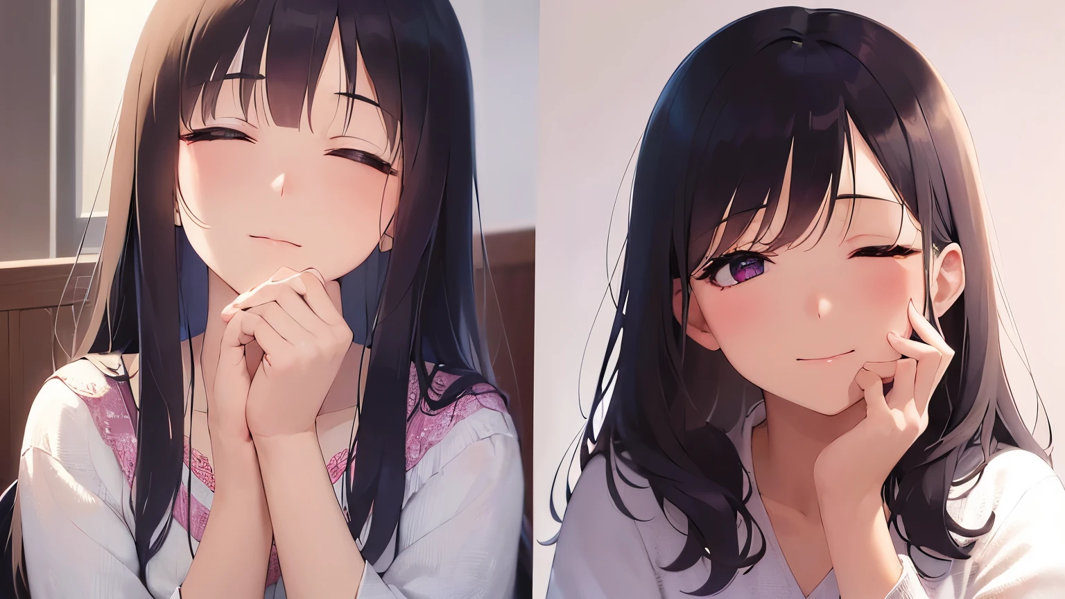上からの撮影, cinematic angle, looking up, (Placing hand on face:1.2), real person, RAW photo, photorealistic, portrait photography, shiny skin, japanese idol、明るい栗色の前髪がある髪の25歳の女性、(long wavy hair) and (pink eyes), (long Sleeve V-neck Blouse:1.2), face waiting for kiss, blush, (close eyes:1.5), 背景はカフェ、一人きり