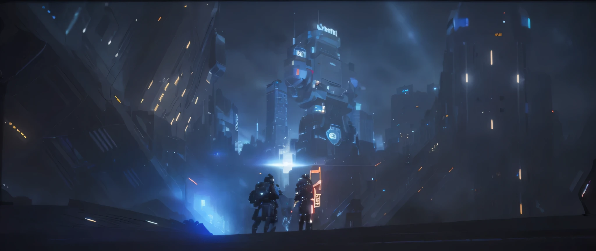 there is a robot with glowing eyes standing in a dark city, wojtek fus, MORTE + robots series of netflix, Direction: Ludwik Konarzewski, arte principal, arte cg, beeple e tim hildebrandt, Digital science fiction art illustration,science fiction city only black blue light blue colors, apenas cores azul e preto, hiperealismo