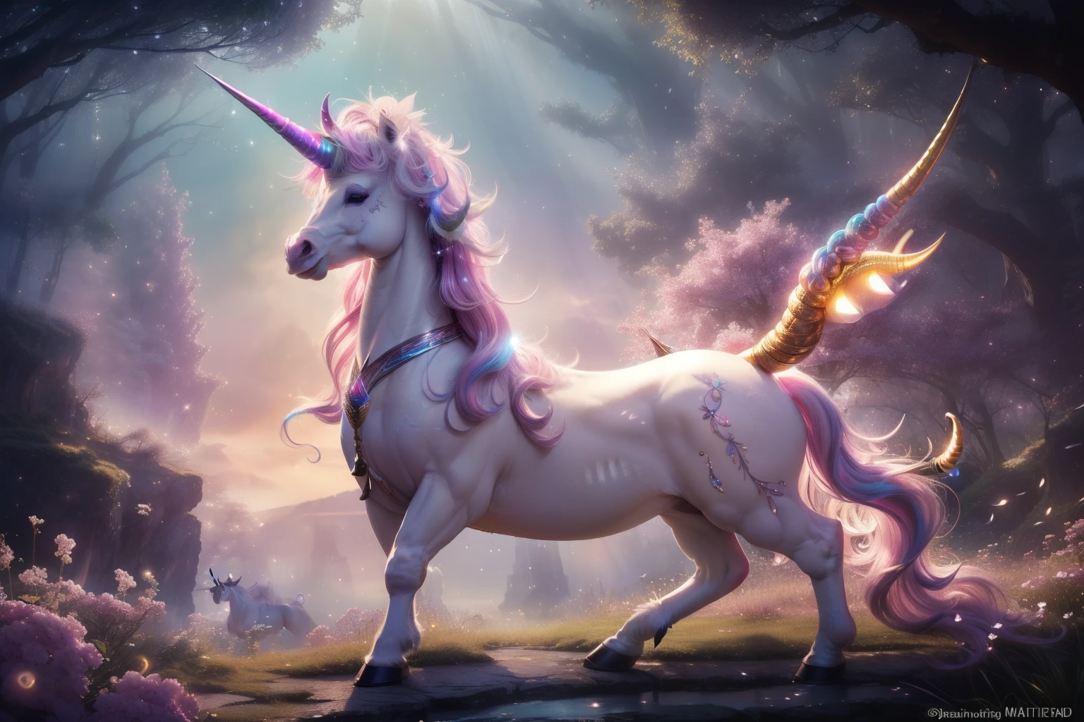 (SFW(((Masutepiece)))), (((Best Quality)))), ((Ultra-detailed))), (extremely detailed photo), ((extremely delicate and beautiful)), (Cute delicate face), Cinematic Light, ((Unicorn and Maiden)), Solo, Full body, ((Magical horn:1.4)), ((Flowing mane)), (shimmering fur), (ethereal glow:1.2), (majestic creature:1.1), (Eyes filled with wonder), (Enchanting smile), (Graceful posture), (Mystical bond), (Fantasy realm backdrop), (Mesmerizing atmosphere), (Dazzling colors:1.3), (Dynamic lighting), (High resolution), (Sharp focus), gigantic breasts, cleavage