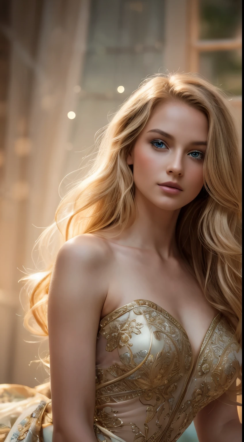 Artistic and beautiful image of a woman with flowing golden hair, piercing blue eyes, wearing a flowing gown adorned with intricate floral patterns. Ethereal lighting accentuates her features as she strikes an elegant pose, emanating grace and allure. The scene is set against a backdrop of soft shadows and a dreamy bokeh background, creating a mesmerizing atmosphere. High resolution ensures every detail is captured with clarity and precision.