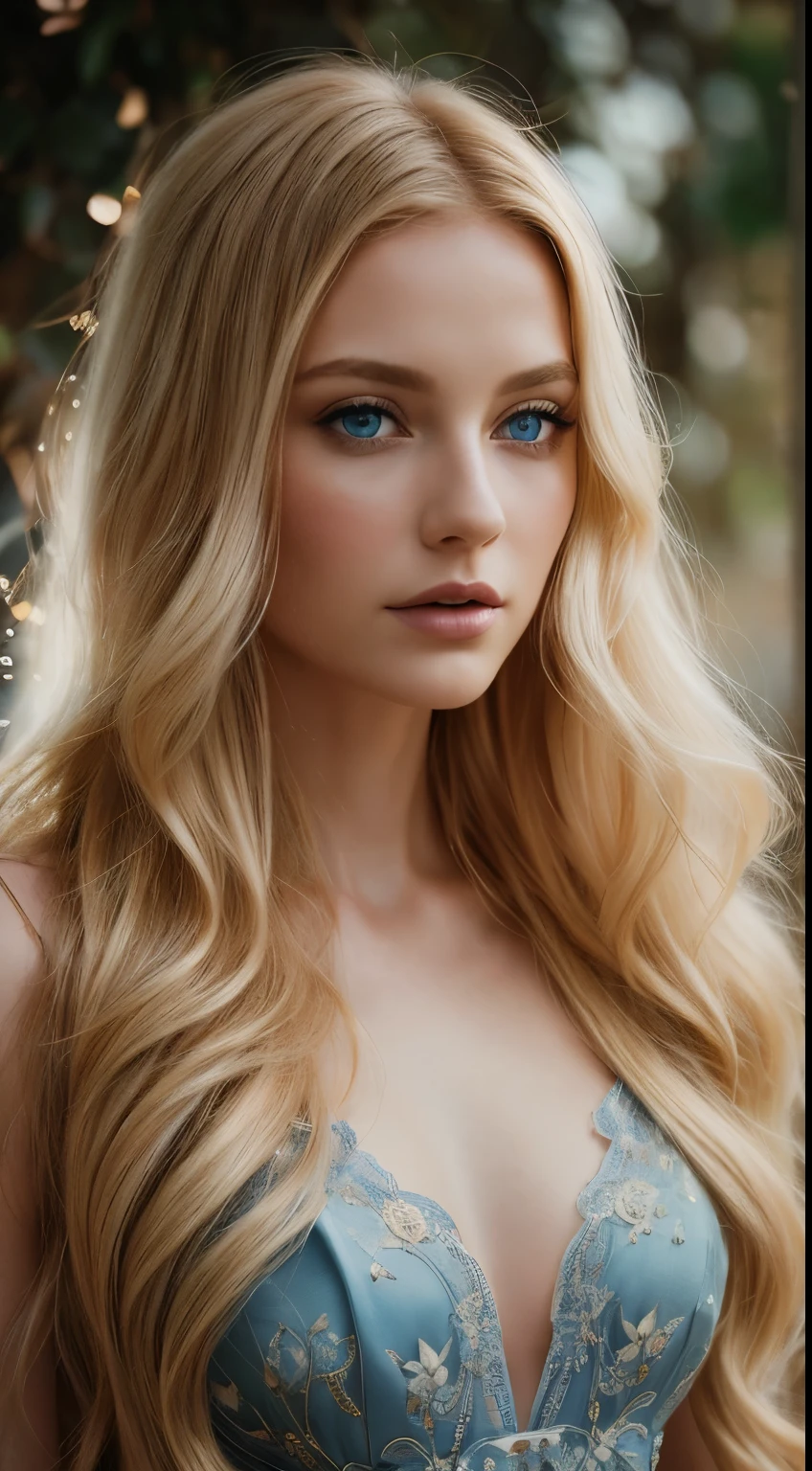 Artistic and beautiful image of a woman with flowing golden hair, piercing blue eyes, wearing a flowing gown adorned with intricate floral patterns. Ethereal lighting accentuates her features as she strikes an elegant pose, emanating grace and allure. The scene is set against a backdrop of soft shadows and a dreamy bokeh background, creating a mesmerizing atmosphere. High resolution ensures every detail is captured with clarity and precision.