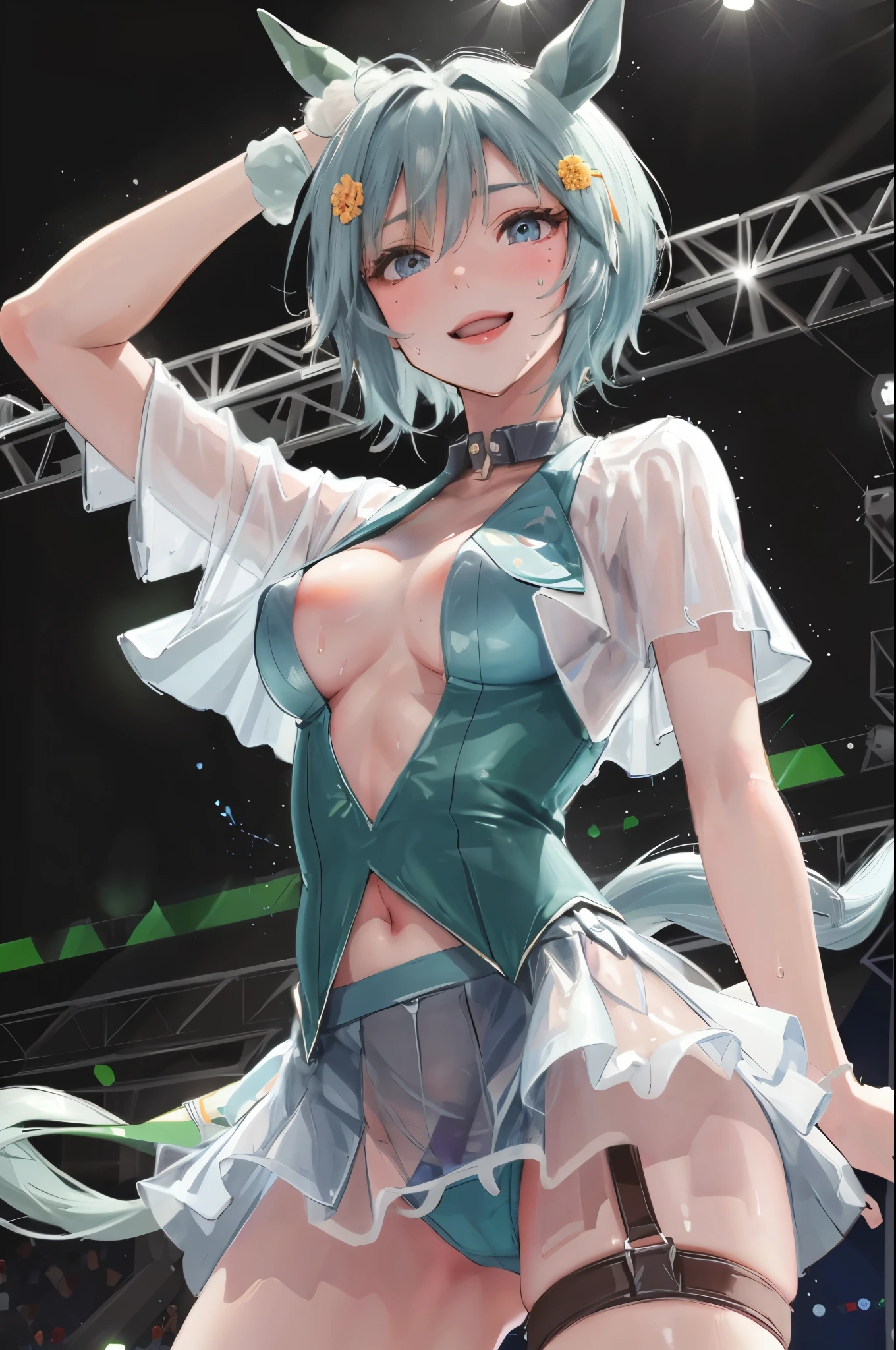 sexy dance show,sexy pose,Seiun Sky \(umamusume\),good anatomy, masterpiece, best quality,realistic, hyperrealistic, 16k hdr,Smile,(Live Stage),(see through costume:1.2),Stage costumes,Horse tail,sing a song,ultra miniskirt,navel,micro panties,clearvage,erected nipples,sweat,from below,large breasts,spread legs