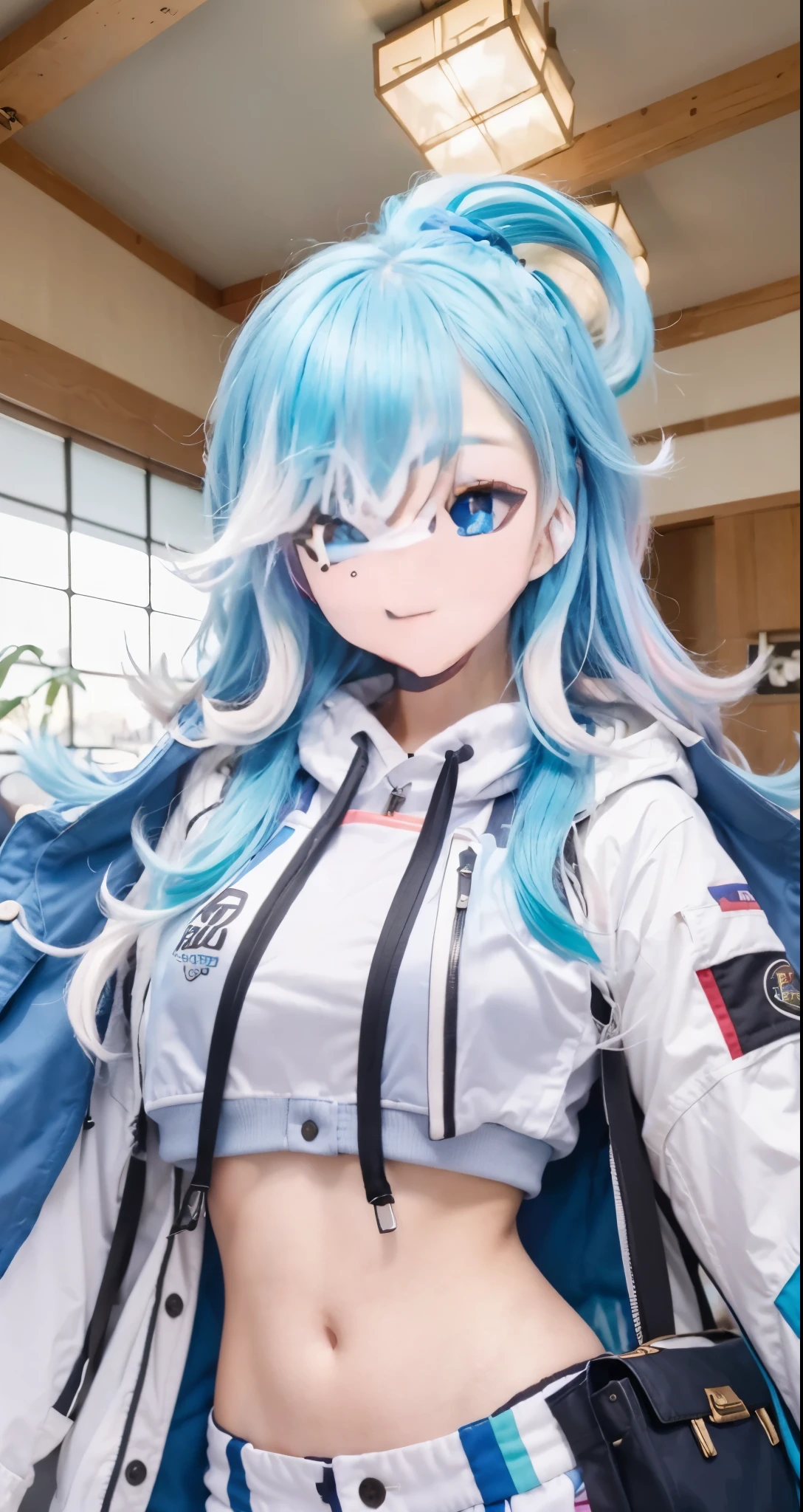 Real life adaption of this character , Korean beauty face, cool expression, realistic same hair,multi colored hair,(realistic same outfit wear sport jacket) ,realistic same background , realistic light, realistic shadow, realism, hyper realistic,(photorealistic:1.2), normal small eyes, blue eyes color,normal hand,