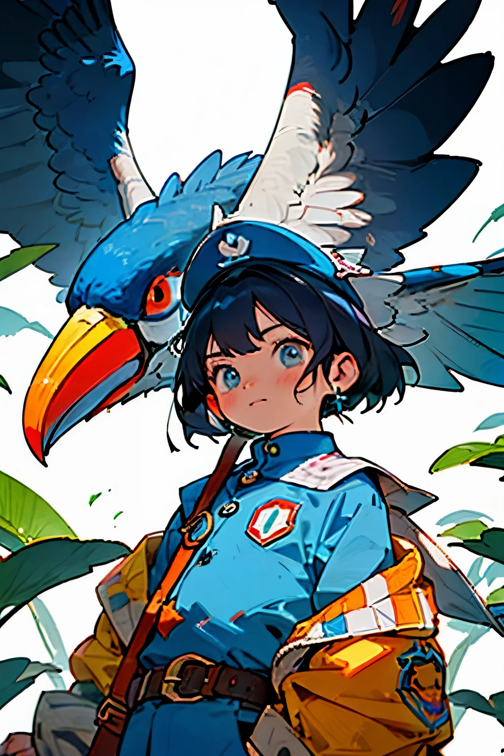 (Estilo Anime dos Anos 80), (Mysterious and dystopian environment), (personagem garota), (tema de Cultura Tucana), (emphasis on toucan accessories), (Prominent position, facing the camera with dynamic angle), (use of dynamic camera), (military school uniform of the country inspired by the Tucana Culture), (scenario in a dystopian country based on the culture of the Brazilian toucans of Tocantins), (paleta de cores escuras e sombrias), (Very high resolution image), (smooth rendering), (cabelo curto), (destaque para uma boina militar preta com grande faixa roxa), (angry facial expression), (Right arm with blue belt and college symbol).
