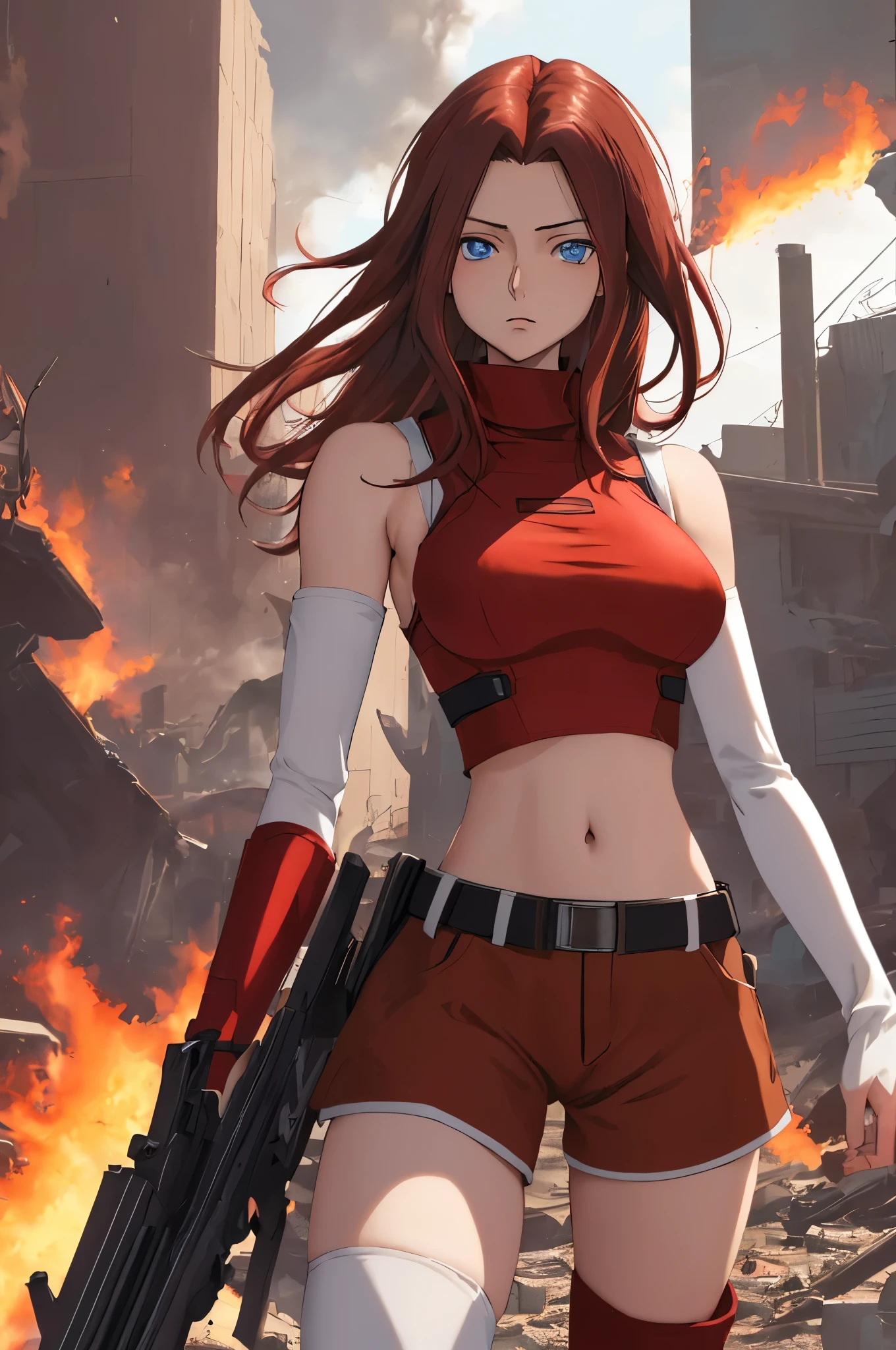 masterpiece, best quality, highly detailed, highres, hdr,
code geass, 1girl, solo, kallen stadtfeld,holding weapon, gun, holding gun, 
bare shoulders, midriff, (((brown sleeveless turtleneck))), red thighhighs, (((brown shorts))), red shirt, ((white detached sleeves)), clothing cutout, zettai ryouiki, white belt, red legwear,
blue eyes, large breasts, black hair, long hair,
cowboy shot, intense angle,
mksks style, beautiful background, detailed background, professional lightning, post-apocalypse, buildings, burning, fire, light particles,