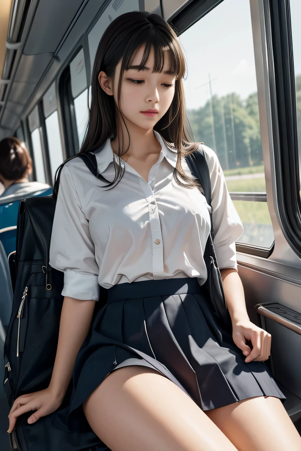 {{8K}},(realistic:1.3), face with shadow, Depth of written boundary, school uniform, (student bag)
,great art,(((very detailed))),
{1 girl sitting,bangs,high school girl},{sleep,close your eyes},{white panties,skirt},
cowboy shot,from before
,(((very detailed))),in the train, a young woman is sleep contentedly. Through the gap between her legs and skirt, I can see her panties. Because the car is shaking, Calm facial expressions and gentle breathing create a calm atmosphere...
,(((very detailed)))