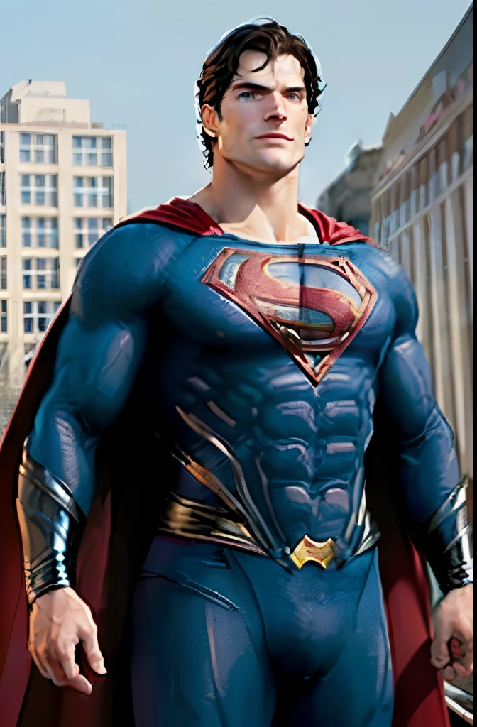  (masterpiece:1.2), (best quality:1.2), perfect eyes, perfect face, (((Christopher Reeves and Henry Cavill))), volumetric lighting, 1boy, superman, grin, grinning, abs, bara, black hair, blue bodysuit, blue eyes, bodysuit, full-length cape, closed mouth, heroic, large pectorals, male focus, muscular, muscular male, pectoral lift, pectorals, red cape, short hair, outdoors, skyscrapers, solo, superhero, upper body , ((masterpiece)), superhero pose