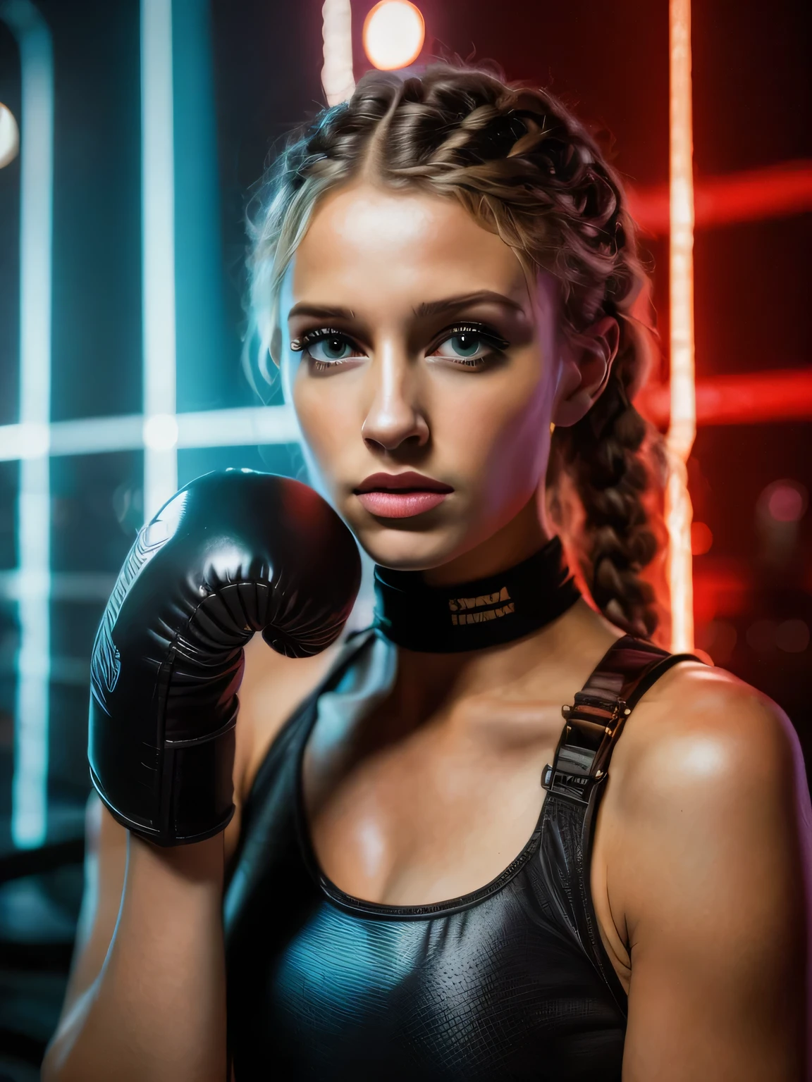 Retrato de uma jovem linda de 25 anos brava, nervosa, bad girl, petit teen, Serious, malvada, brava, irritada, cara de mau, bela brasileira, in fighting position, boxing gloves on hands, hands at chin height, bunda grande perfeita, nua, coxas grossas e fortes, with braided hair beautiful eyes, olhos azuis brilhantes,  pele extremamente detalhada, pele com ferimentos, bota de salto alto brilhante, calcinha transparente, usando top curta brilhante, em sala fechada, Parede com ladrilhos de metal preto, (discoteca escura, luz escura e mal-humorada: 1.2), (foto de corpo inteiro).