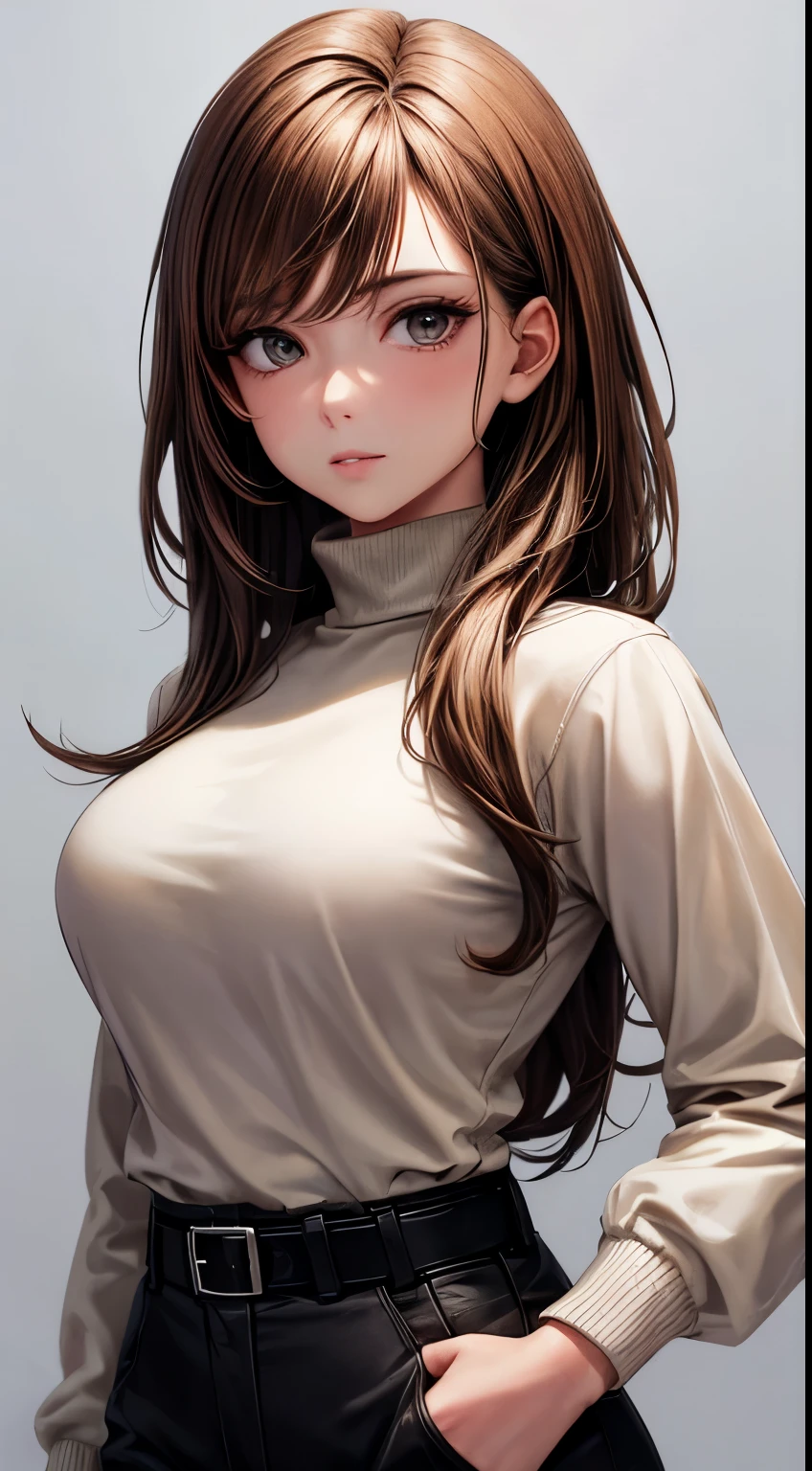 A close up of a woman with long hair wearing a turtle neck shirt ...