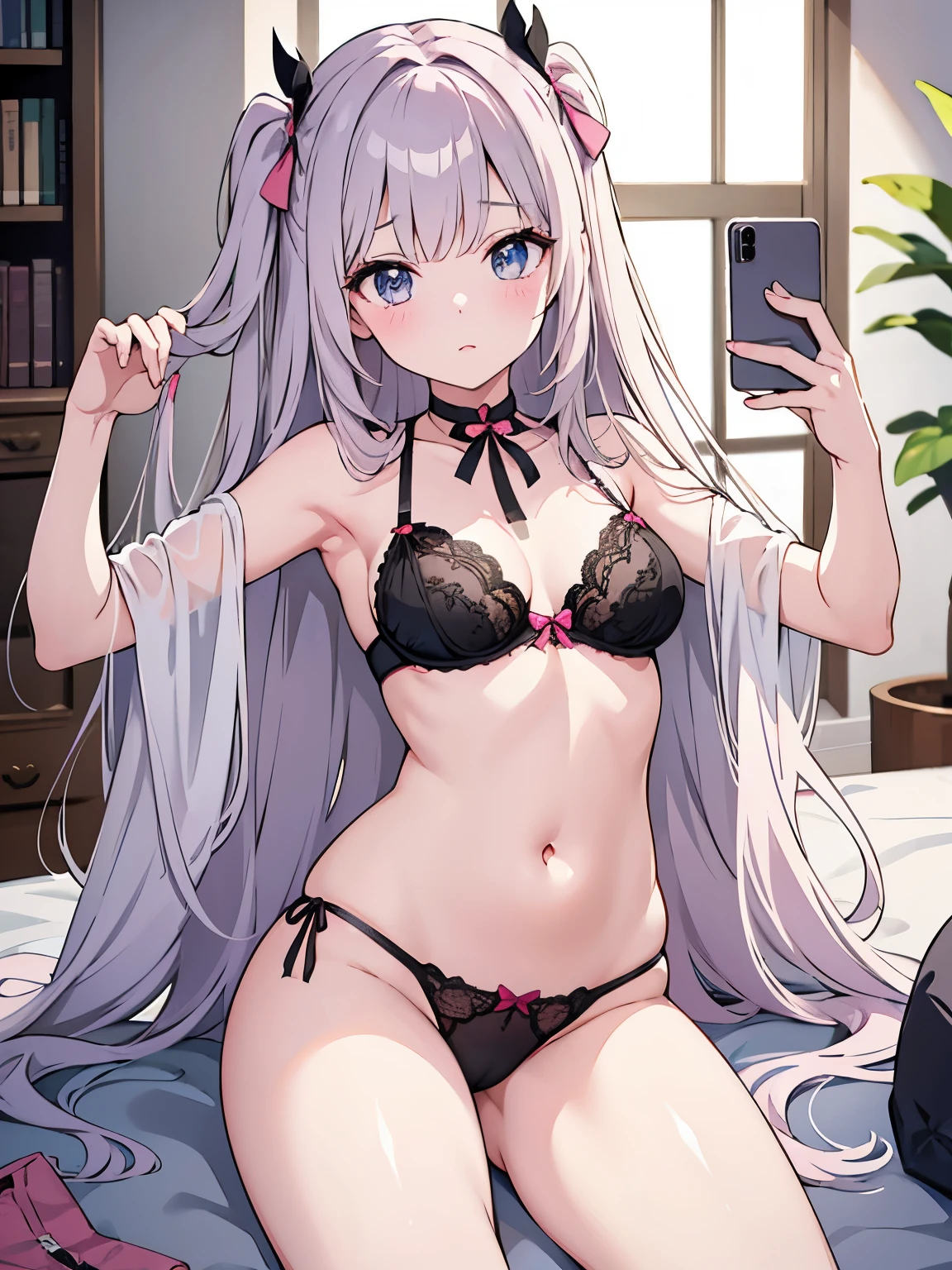 NSFW, top-quality、 8K、 a beauty girl、 unclear、Nice、 virgin、 Beautiful hair、 silky hair, Beautiful eyes、 Eyes of enchanting beauty, Beautiful skin、Silky skin, Beautiful legs、Beautiful arms、Perfect fingers、 Beautifully chest、 kawaii、 cosplay、 cosplay costume、 cosplayer (someone who participates in cosplay), {{{underwear only}}}, {{{bow bra(pink)}}},{{{bow panties(pink)}}}, lace-trimmed bra(black), lace-trimmed panties(black), lace trim, a choker、 A beauty to be admired by all、 Cute to attract men、 Very cute、 Very kawaii、selfee、piece、taking a picture of oneself (esp. with cellphone camera), self_shot