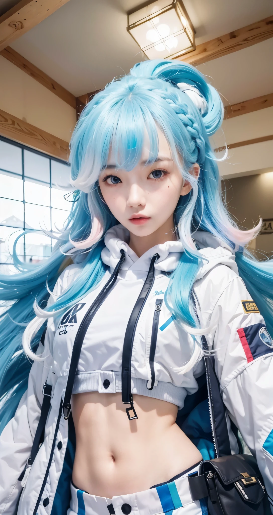 Real life adaption of this character , Korean beauty face, cool expression, realistic same hair,multi colored hair,(realistic same outfit wear sport jacket) ,realistic same background , realistic light, realistic shadow, realism, hyper realistic,(photorealistic:1.2), normal small eyes, blue eyes color,normal hand,