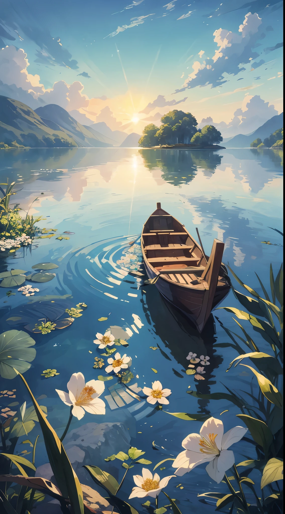 A painting of a boat with exquisitely detailed flowers floating on the serene, calm afternoon lake (width 672). This beautiful artwork illustration (UHD 4 K, highly detailed digital painting) showcases a tranquil and serene scene, masterfully capturing the beauty of the lake and its surroundings. The boat, with its intricate wooden carvings, adds depth and interest to the composition. The detailed scenery features lush greenery, vibrant colors, and bold brushstrokes that reflect the sun's gentle rays on the water. The reflections of the flowers and the surrounding landscape create a mirror-like effect, adding to the overall sense of peace and harmony