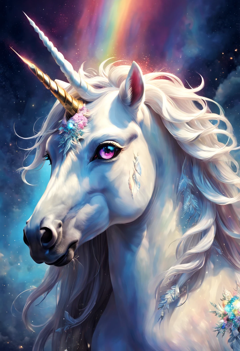 No characters in a fantasy world，Close-up of unicorn&#39;s milky white breasts(eyes clear and bright)Anatomically correct is a mysterious and beautiful creature，Possess pure soul and magical power。 A unicorn shining with colorful light stands on the forehead. Summoning ceremony. Dynamic god. Vivid and surreal texture., dramatic lighting, Illusive Trend Art Snowflakes are dancing and you feel the purity and dreaminess，Let the soul and fantasy meet，create beautiful miracles (extremely delicate and beautiful) detailed, masterpiece, high resolution, best quality, HD details, Ultra-detailed, Normal, Surrealistic dynamic angles and elegant atmosphere 
