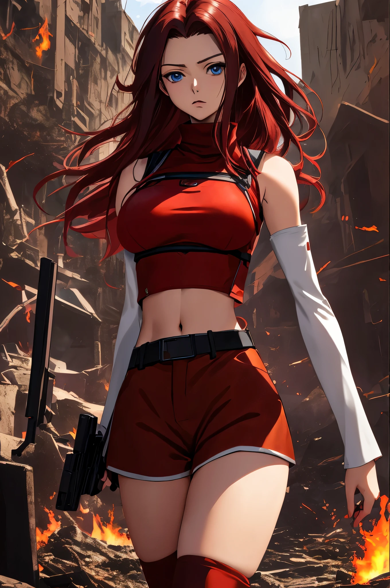 masterpiece, best quality, highly detailed, highres, hdr,
code geass, 1girl, solo, kallen stadtfeld,holding weapon, gun, holding gun, 
bare shoulders, midriff, (((brown sleeveless turtleneck))), red thighhighs, (((brown shorts))), red shirt, ((white detached sleeves)), clothing cutout, zettai ryouiki, white belt, red legwear,
blue eyes, large breasts, black hair, long hair,
cowboy shot, intense angle,
mksks style, beautiful background, detailed background, professional lightning, post-apocalypse, buildings, burning, fire, light particles,
