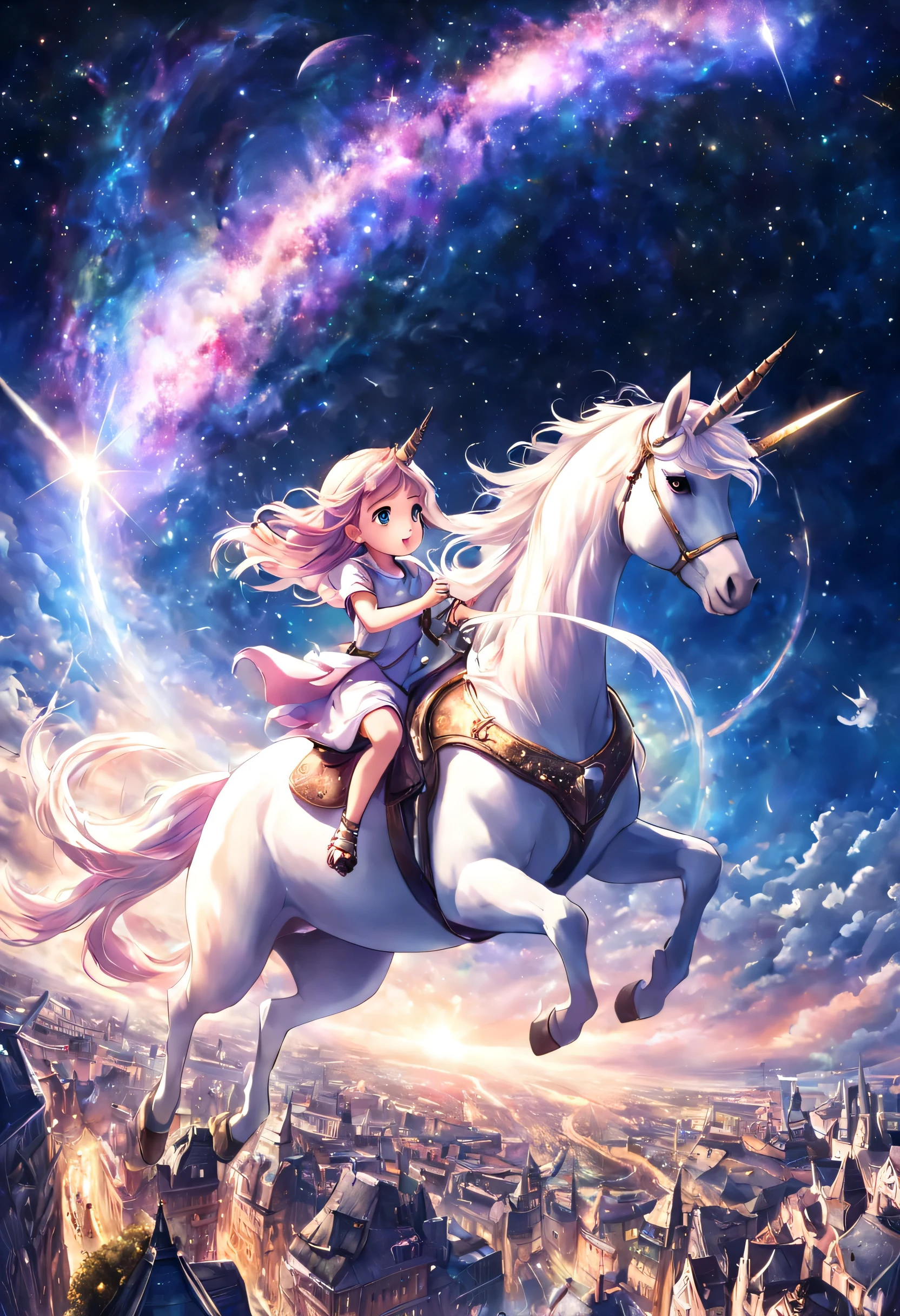 fantasy unicorn, A little girl travels through space on a unicorn, joy, fun, hope, european cityscape, anime