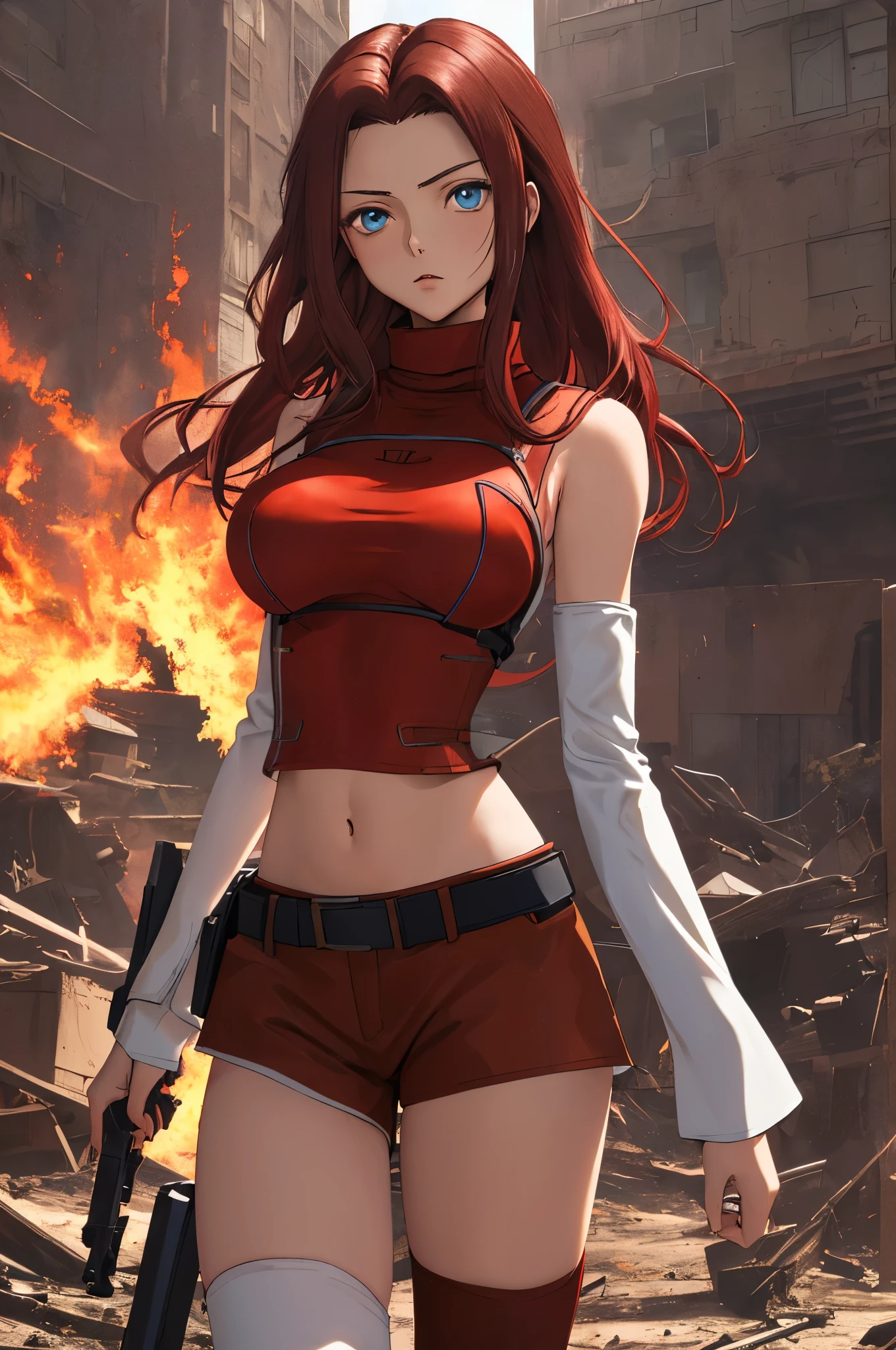 masterpiece, best quality, highly detailed, highres, hdr,
code geass, 1girl, solo, kallen stadtfeld,holding weapon, gun, holding gun, 
bare shoulders, midriff, (((brown sleeveless turtleneck))), red thighhighs, (((brown shorts))), red shirt, ((white detached sleeves)), clothing cutout, zettai ryouiki, white belt, red legwear,
blue eyes, large breasts, black hair, long hair,
cowboy shot, intense angle,
mksks style, beautiful background, detailed background, professional lightning, post-apocalypse, buildings, burning, fire, light particles,