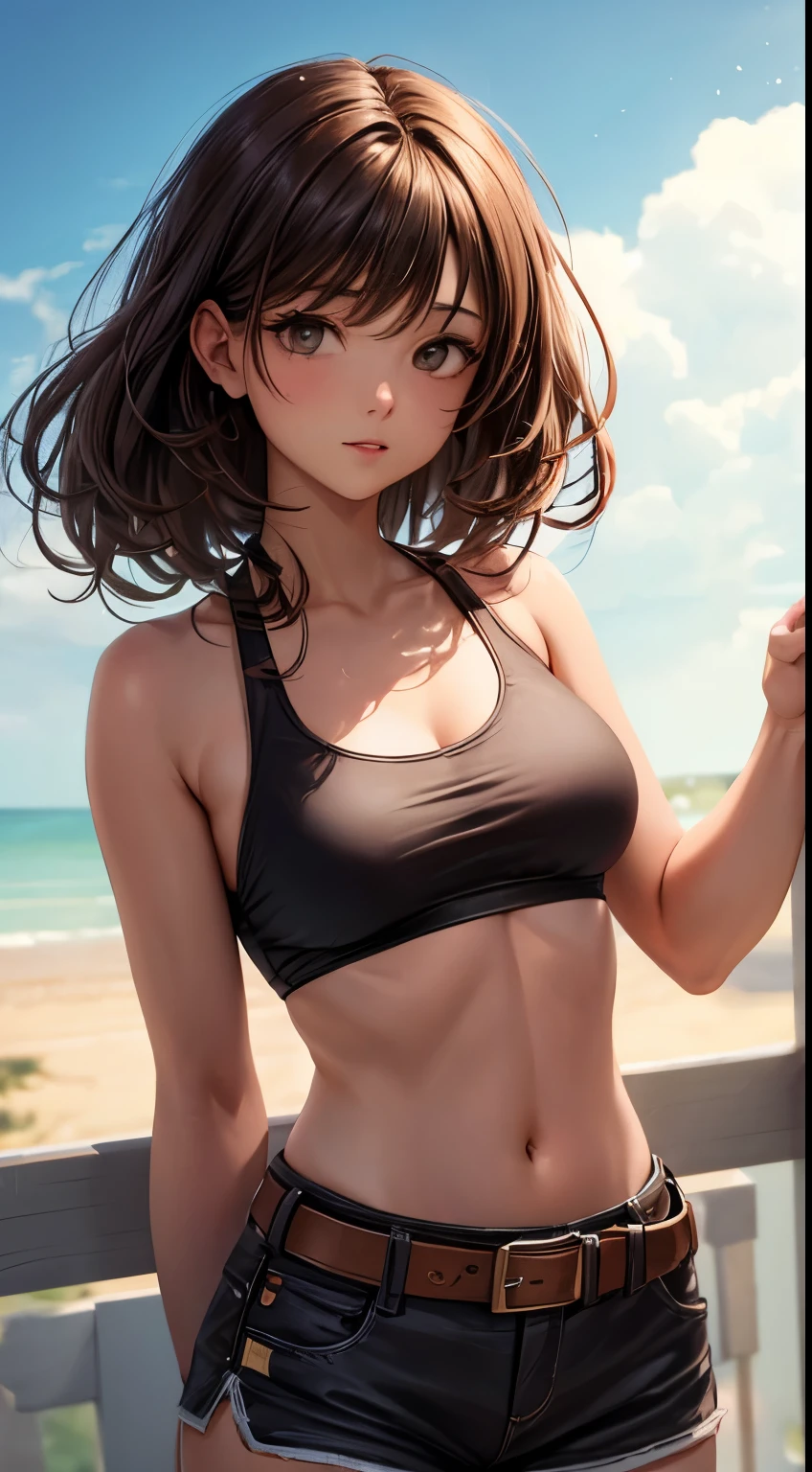 Beautiful woman, light brown hair, light brown eyes, white crop top, brown shorts, black belt, makeup, top-down view, 2D background, impeccable posture, look of love