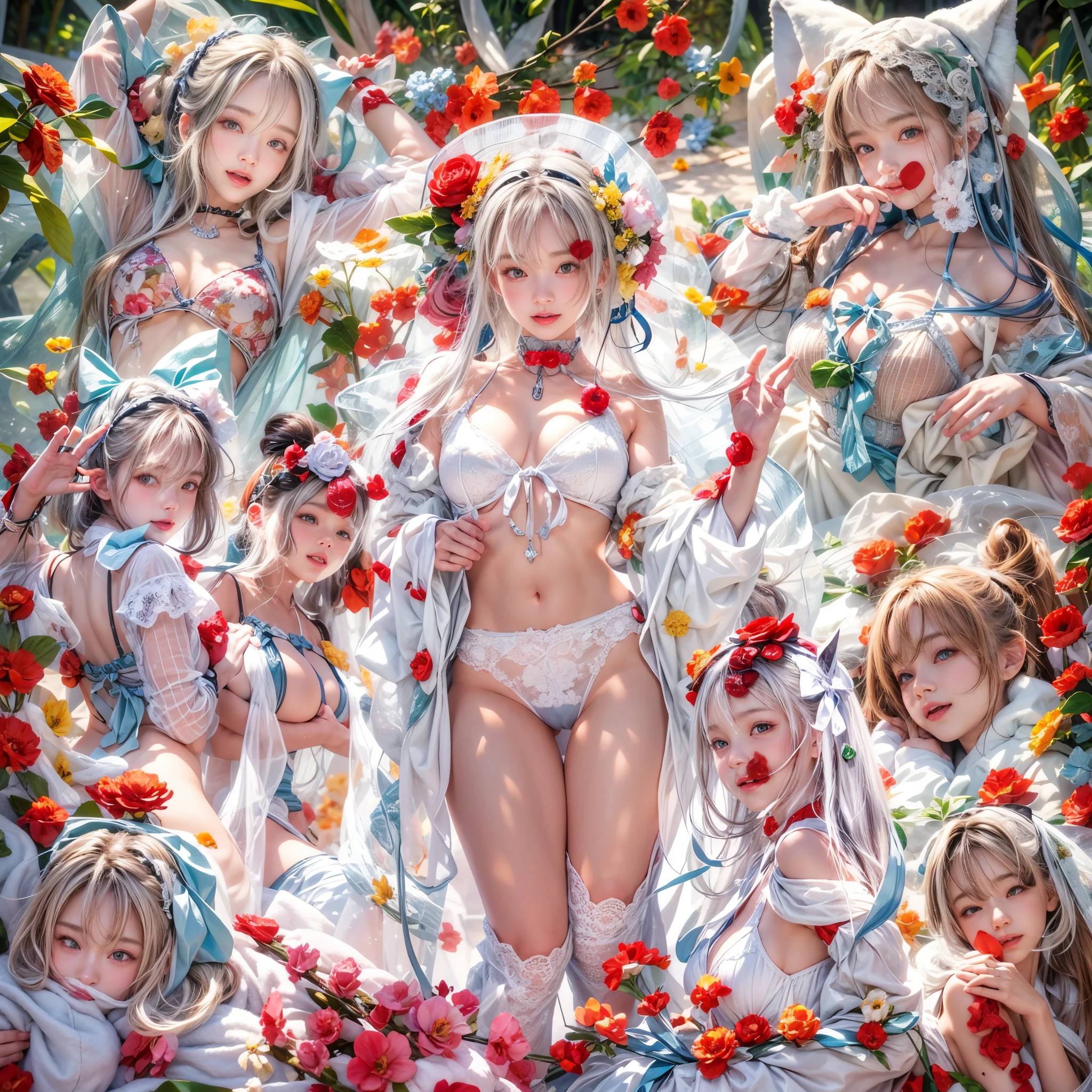 (SFW, White and Red, masterpiece:1.2, Exposed:1.2), (nipple:-0.9), (Acutance:0.8), (many sexy junior idols in group photograph), ((Extremely Detailed KAWAII face variations, joyful expression variations)), { Navel | pretty Ass | Overflowing sideboob | (Delicate lace knitted white wear) | full of Flowers covering girl's body | (Colorful Light shines from Dazzling and delicate stained glass:1.2) }. ( ultra-detailed, realistic, (photorealistic:1.37) with a touch of rawness). { under the mesmerizing back lighting | concept art | enhancing the overall visual impact }. (not Detailed fingers:-0.9) .