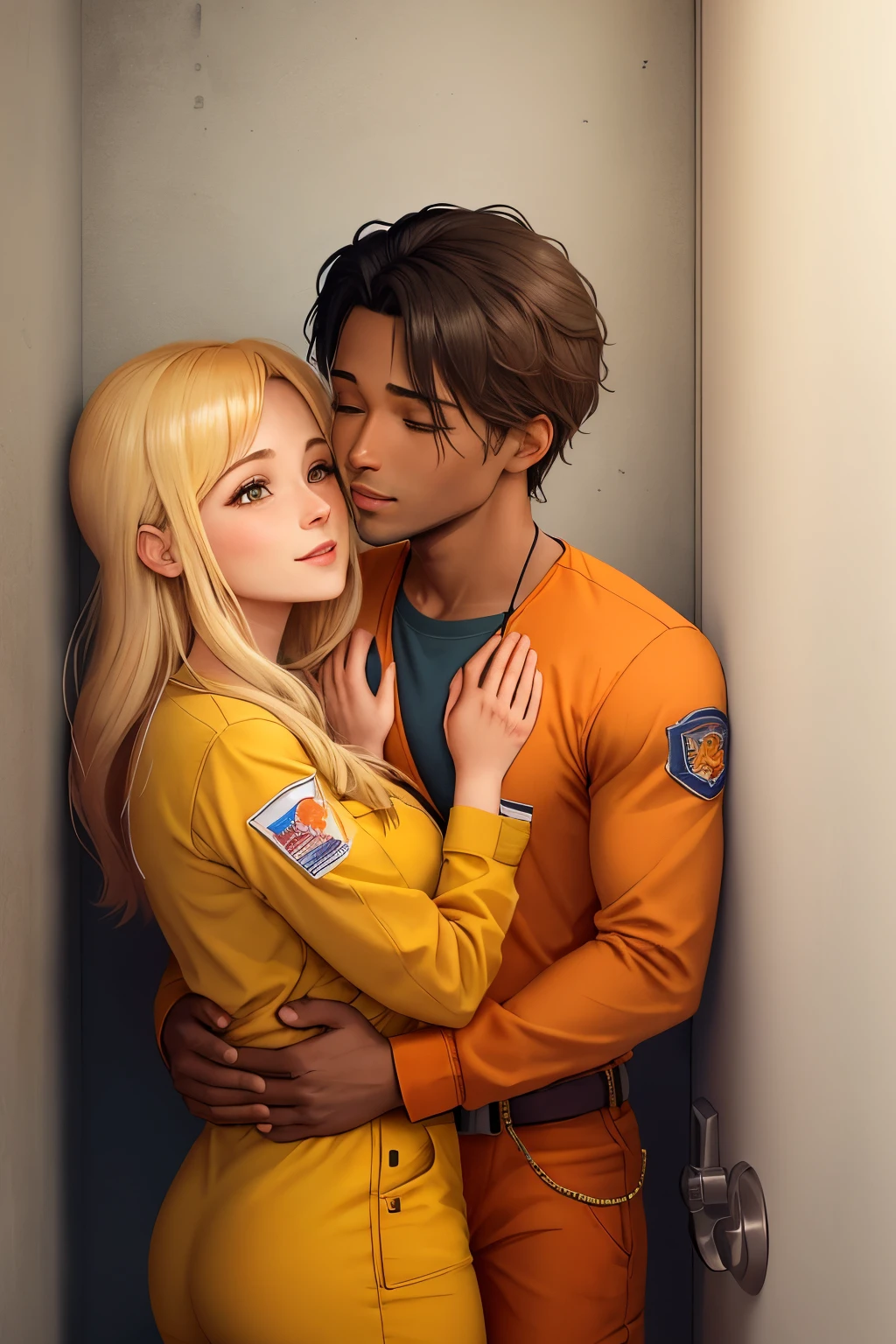 In the heart of a California correctional facility, an inmate named Amara, dressed in the standard-issue orange jumpsuit, is greeted by the warmth of a woman's embrace during a prison visit. This heartwarming moment is beautifully captured in a charming illustration, where golden sunlight streams in through the windows, casting a gentle glow on their faces, creating a scene of love and hope amidst the concrete walls. The illustration style is reminiscent of chibi art, with expressive, cute, and lovingly detailed characters. Amara's face isTasked with conveying the feelings of deep affection and gratitude he holds for the woman, while her embrace speaks volumes of the unbreakable bond
