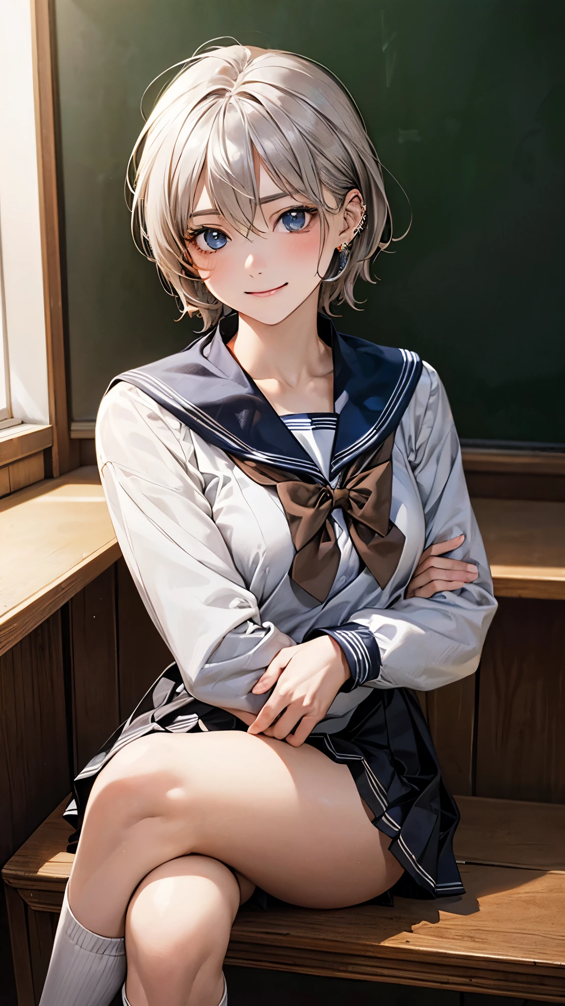 (masterpiece:1.2, top-quality), (realistic, photorealistic:1.4), beautiful illustration, (natural side lighting, movie lighting),
looking at viewer, fullbody, 1 girl, japanese, high school girl, perfect face, cute and symmetrical face, shiny skin, babyface,
(short hair, straight hair, silver hair), hair between eyes, blue eyes, (middle breasts, seductive thighs, big ass), piercings,
beautiful hair, beautiful face, beautiful detailed eyes, beautiful clavicle, beautiful body, beautiful chest, beautiful thigh, beautiful legs, beautiful fingers,
((detailed cloth texture, long sleeves cute brown sailor suit, grey pleated skirt, light brown sailor collar, brown bow tie, black thigh-high)),
(beautiful scenery), evening, 2024 years, crassroom, blackboard, sitting school chair, crossed legs, crossed arms, (smug face),