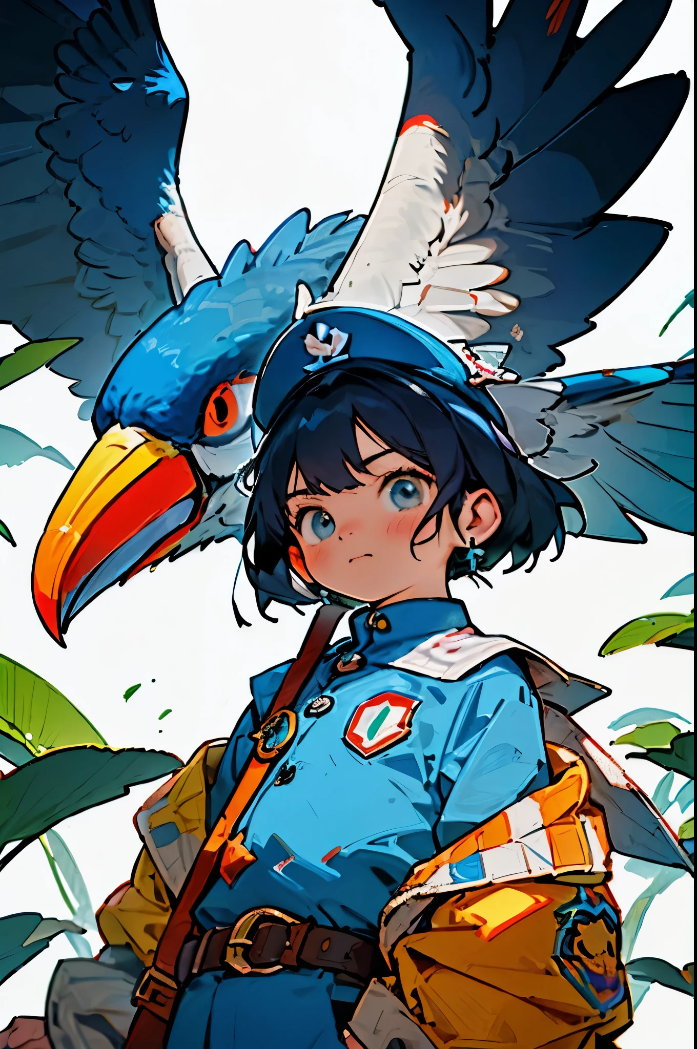 (Estilo Anime dos Anos 80), (Mysterious and dystopian environment), (personagem garota), (tema de Cultura Tucana), (emphasis on toucan accessories), (Prominent position, facing the camera with dynamic angle), (use of dynamic camera), (military school uniform of the country inspired by the Tucana Culture), (scenario in a dystopian country based on the culture of the Brazilian toucans of Tocantins), (paleta de cores escuras e sombrias), (Very high resolution image), (smooth rendering), (cabelo curto), (destaque para uma boina militar preta com grande faixa roxa), (angry facial expression), (Right arm with blue belt and college symbol).
