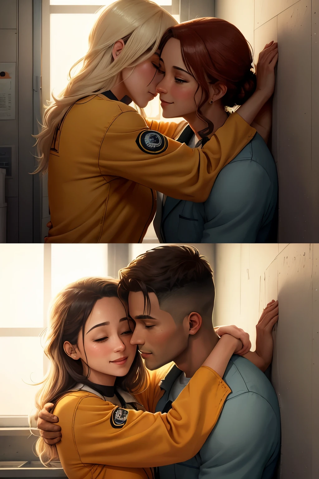 In the heart of a California correctional facility, an inmate named Amara, dressed in the standard-issue orange jumpsuit, is greeted by the warmth of a woman's embrace during a prison visit. This heartwarming moment is beautifully captured in a charming illustration, where golden sunlight streams in through the windows, casting a gentle glow on their faces, creating a scene of love and hope amidst the concrete walls. The illustration style is reminiscent of chibi art, with expressive, cute, and lovingly detailed characters. Amara's face isTasked with conveying the feelings of deep affection and gratitude he holds for the woman, while her embrace speaks volumes of the unbreakable bond