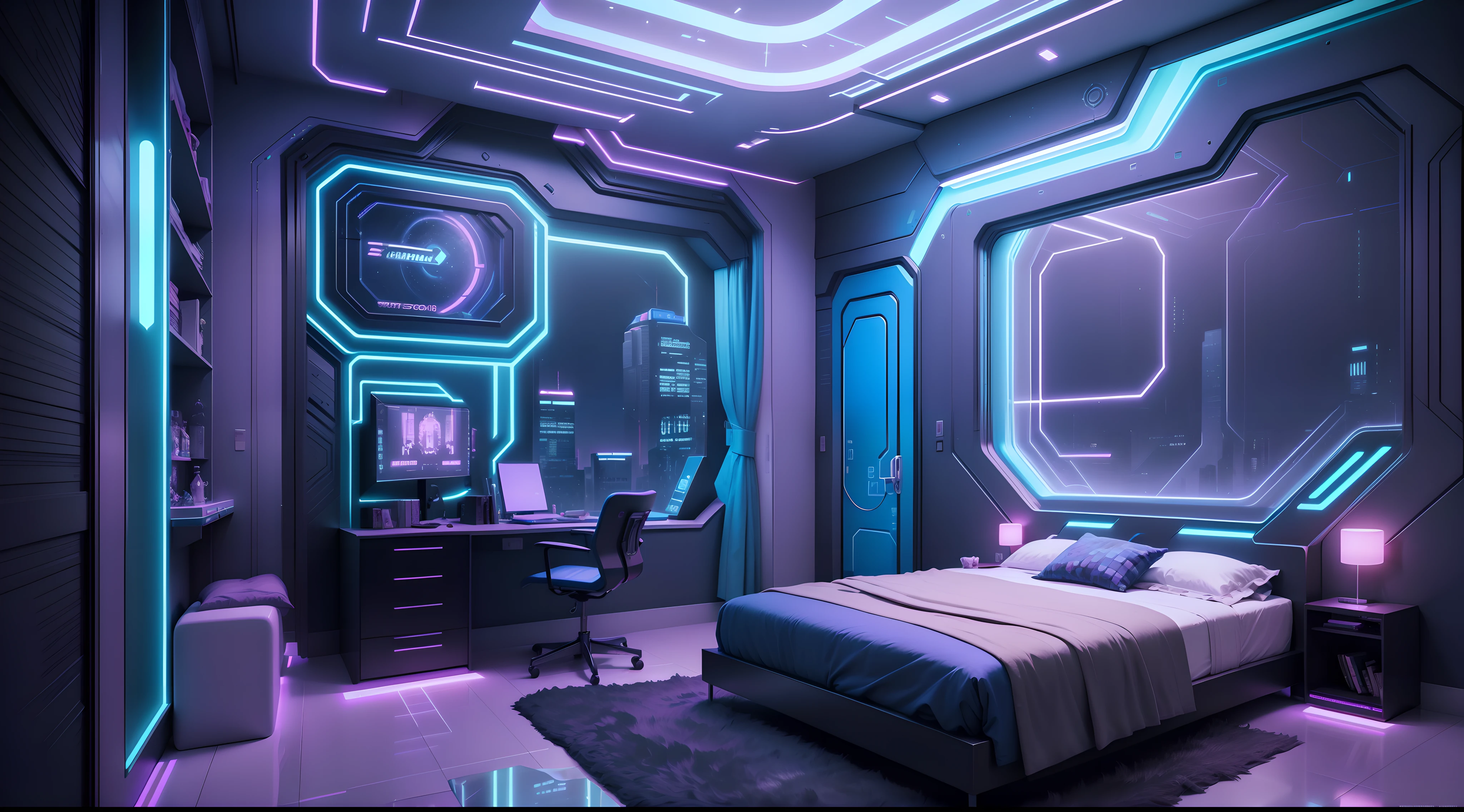 There is one bedroom，There was a bed and a chair inside, futuristic room, futuristic room background, Cozy 90s bedroom retro futurism, futuristic decor, retro futuristic apartment, futuristic interior, Cyberpunk Teen Bedroom, Galaxy theme room, futuristic decoration, cyberpunk childrens bedroom, Cyberpunk Apartment, futuristic vibe, the Cyberpunk Apartment, In a cyberpunk themed room, A futuristic living room