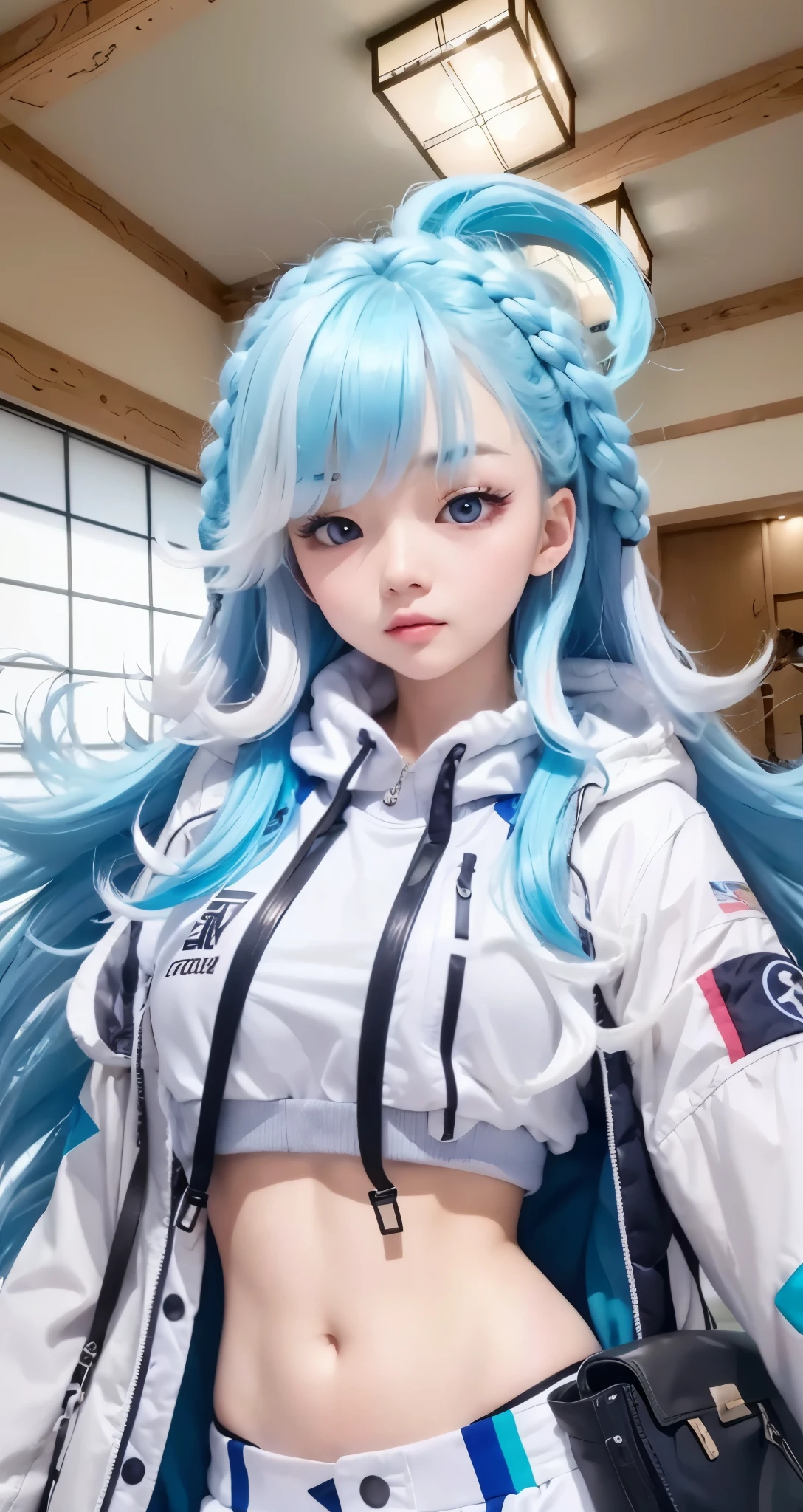 Real life adaption of this character , Korean beauty face, cool expression, realistic same hair,multi colored hair,(realistic same outfit wear sport jacket) ,realistic same background , realistic light, realistic shadow, realism, hyper realistic,(photorealistic:1.2), normal small eyes, blue eyes color,normal hand,
