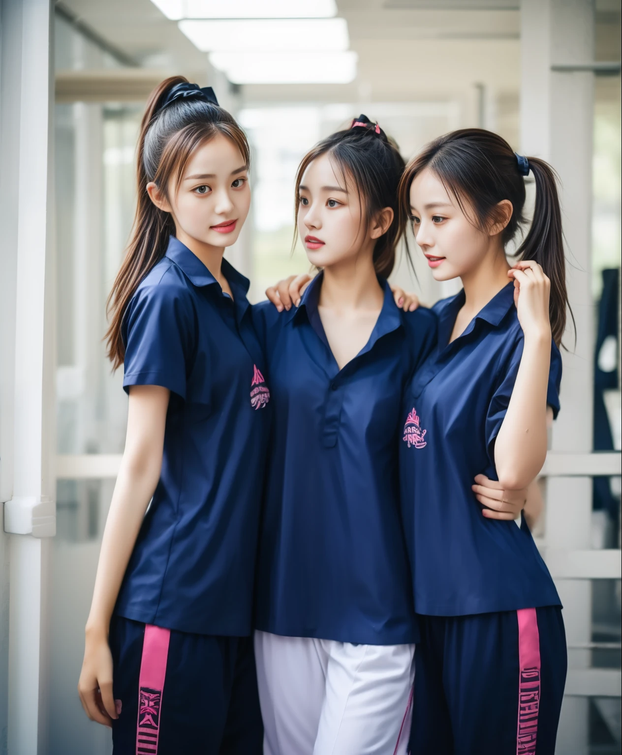 3 girls in fitness center, Navy blue short-sleeved shirt,Navy Long Trackpant,Sweatpants, Sweatpantsขายาว,25 year old girl, lesbian, sexy, exercise clothes, wet body, exercise clothes