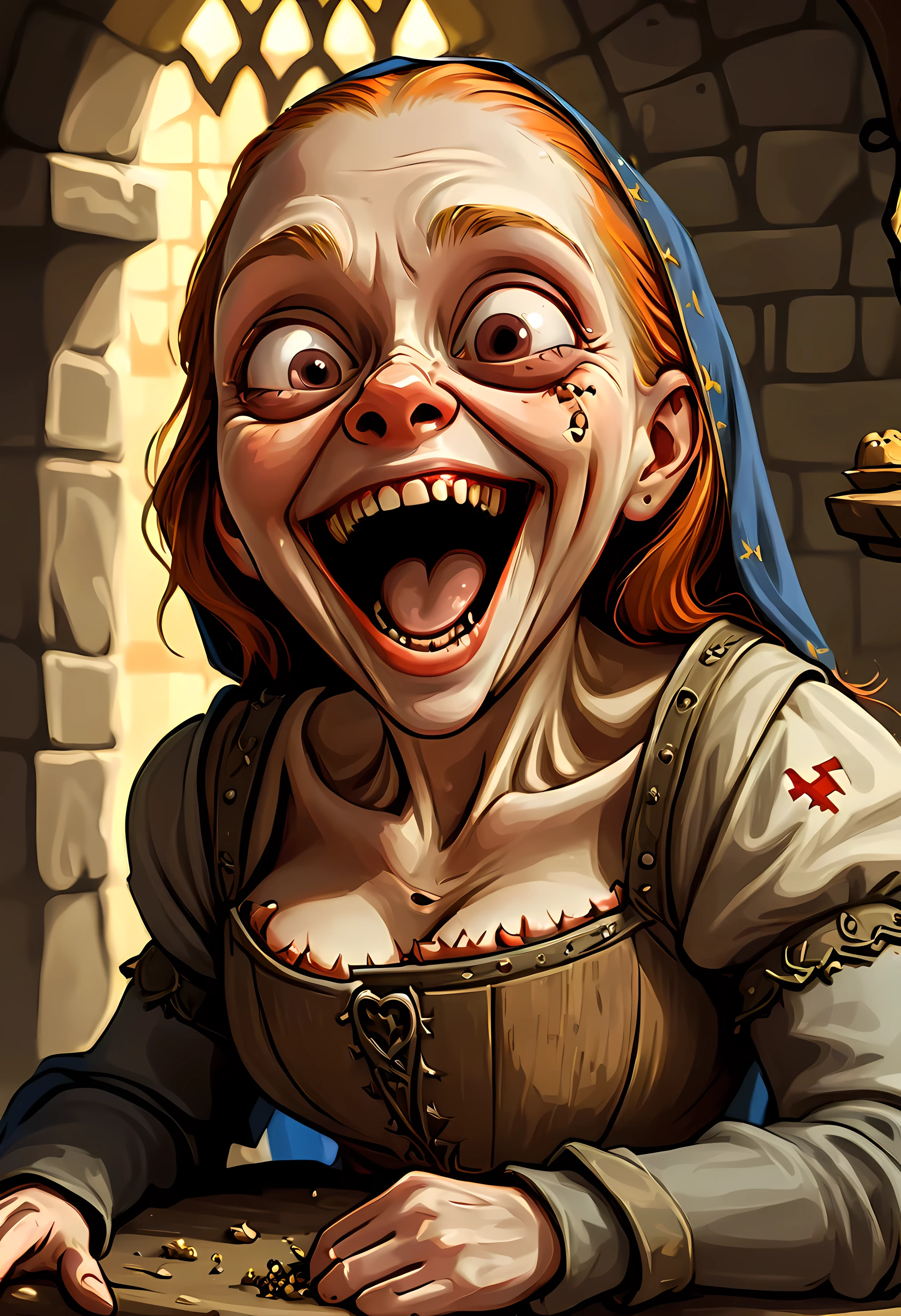 A chest in a dungeon shifts unnaturally exposing its eye stalks and opens its lid in a yawn exposing its toothy maw, fantasy dungeon