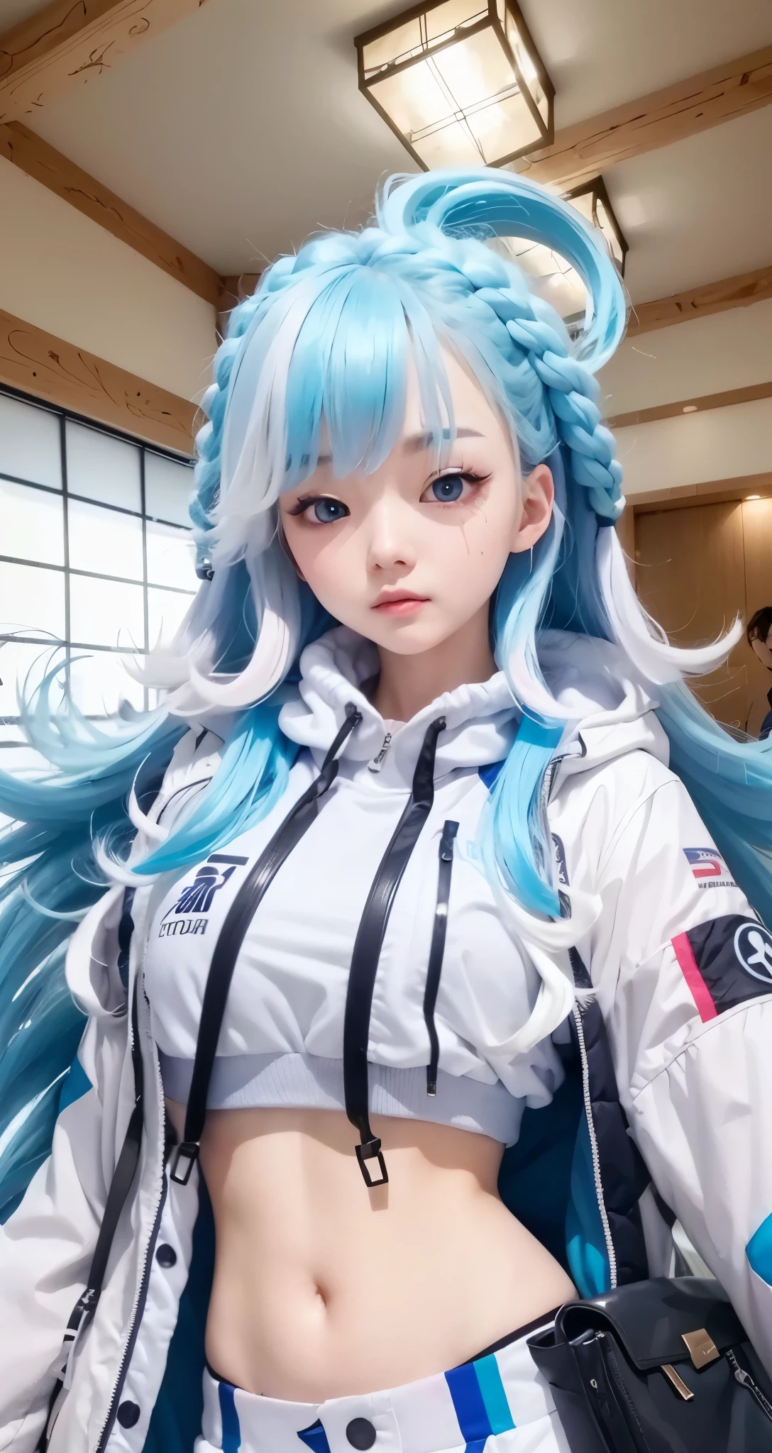 Blue ice gradient long hair,Baseball cap tilted in reverse