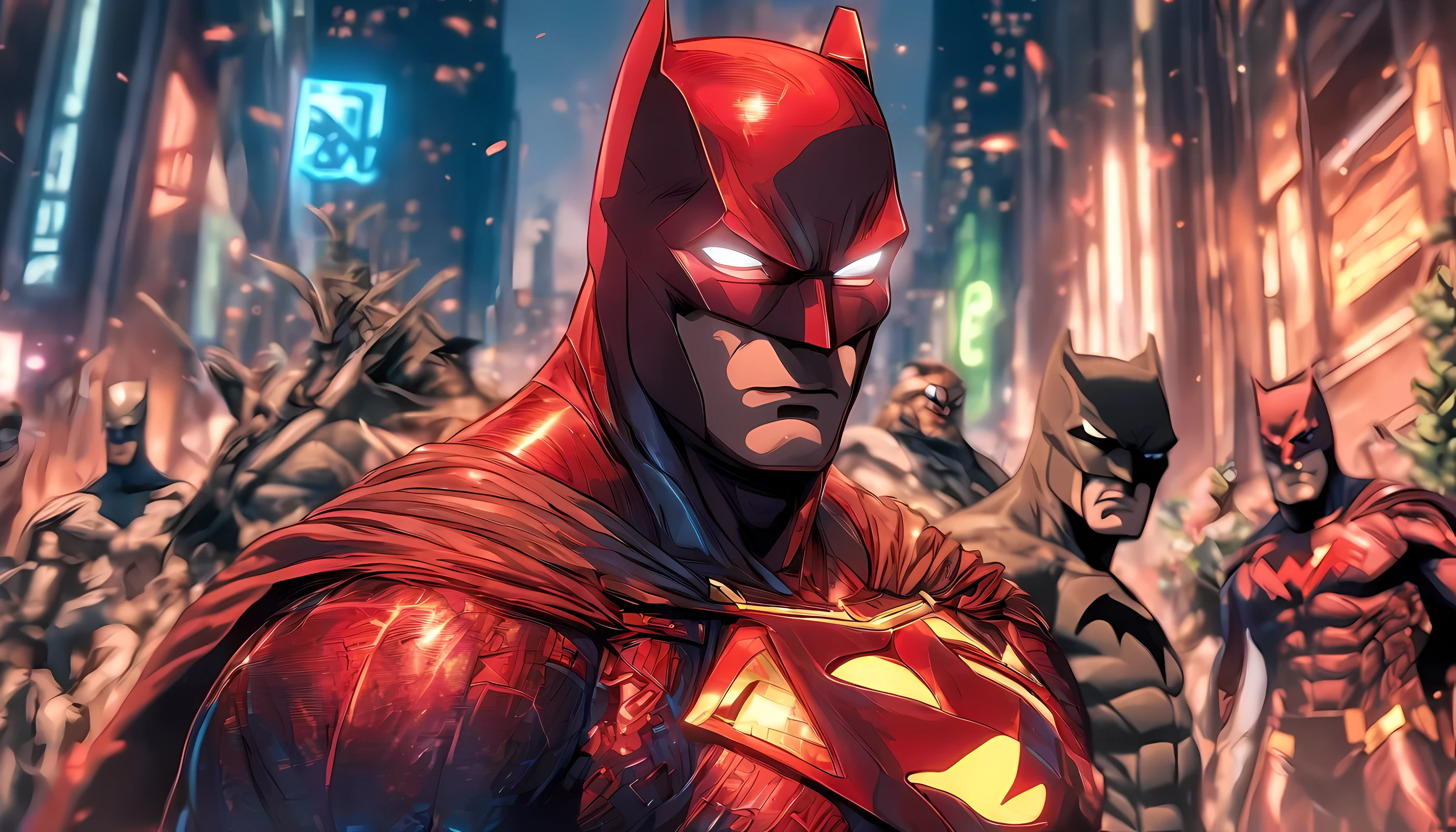 justice league from dc comic as a villain, standing pose, evil facial expression, standing like a villain, in the middle of city, full-body illustration, best quality, ultra quality, absurd details, best light, best shadow, sharp, sharp picture, detailed face, detailed eyes, detailed, extremely detailed, great resolution, 8k, 4k, uhd, ray tracing, beautiful effects