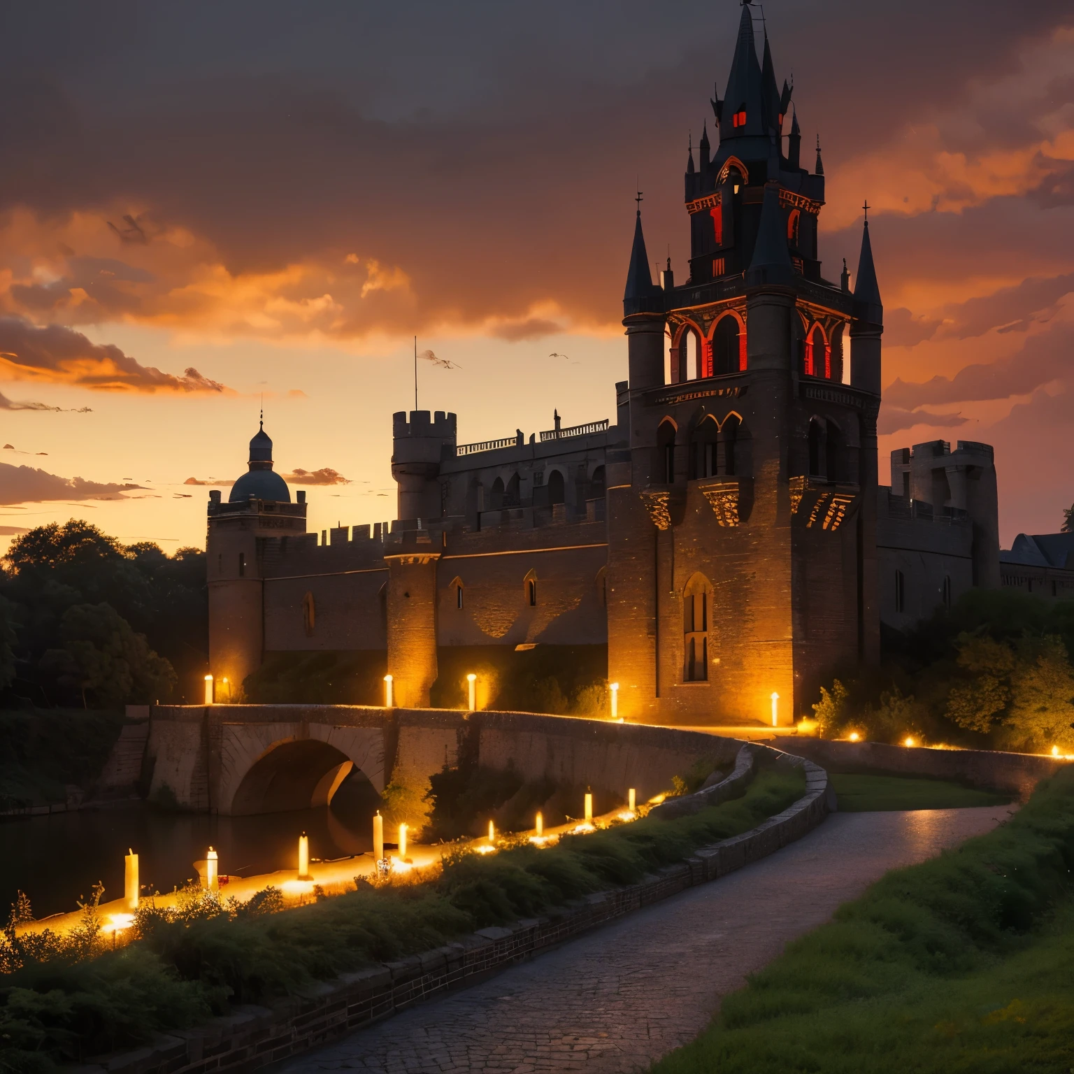 towns，Country，medieval style，tall city wall，empire，palace，nature, open fields, high fantasy, dark fantasy, polis，huge city wall，empirepalace，towns，empire，Red and black color scheme，brick，Dark Ages，Yellow sky，red black filter