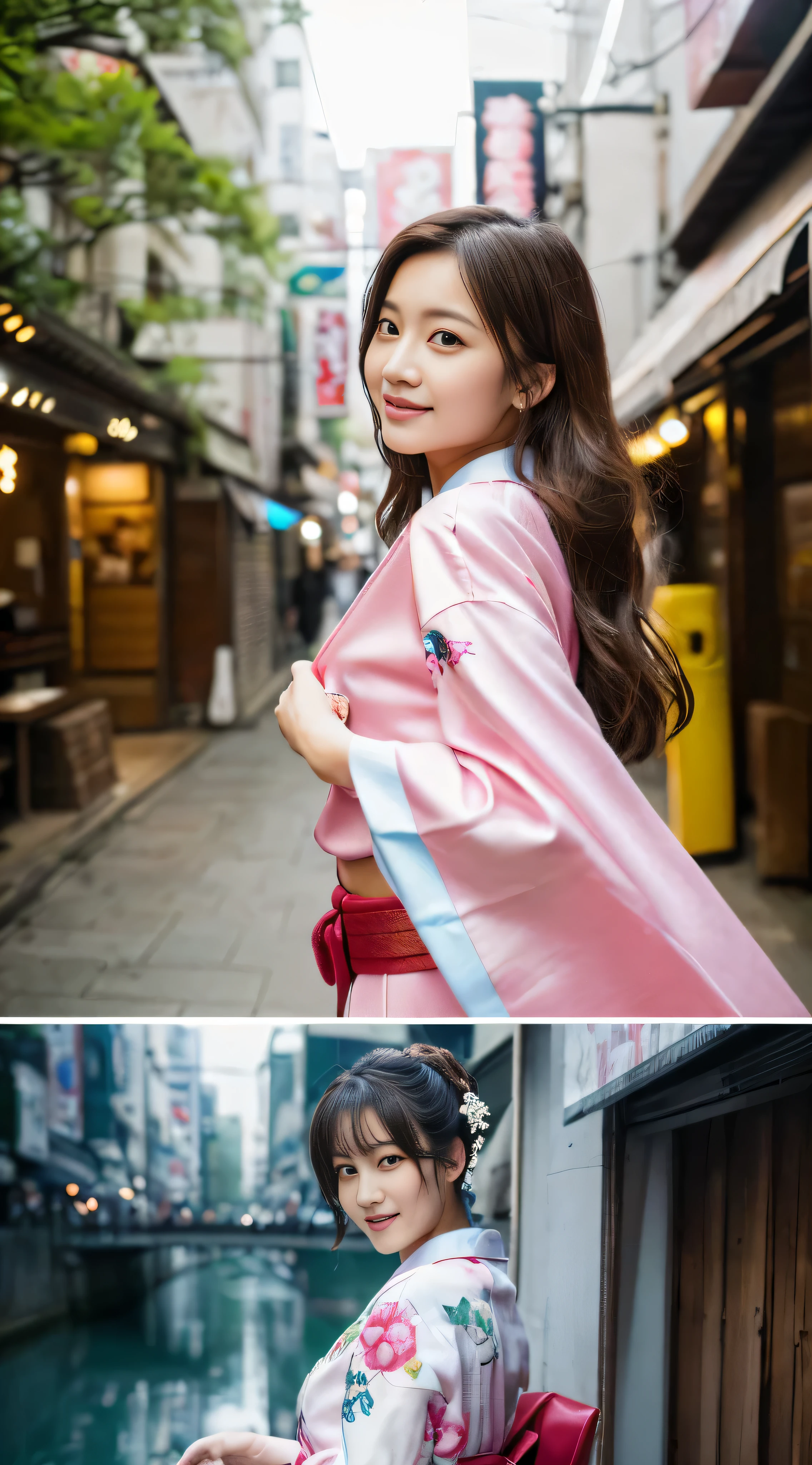 masterpiece)、((((Highest image quality))、((High resolution))、((High Definition CGUnity 8k Wallpapers))、solo、pink kimono、red belt、outdoor、The background is the lively area of Dotonbori,facial details,facial details,chestnut hair,High resolution画像でカメラを見つめながら微笑んでいます