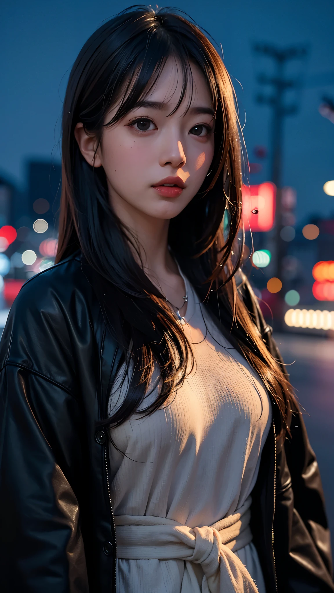 1girl, Tokyo street,night, cityscape,city lights, upper body,close-up, 8k, RAW photo, best quality, masterpiece,realistic, photo-realistic,