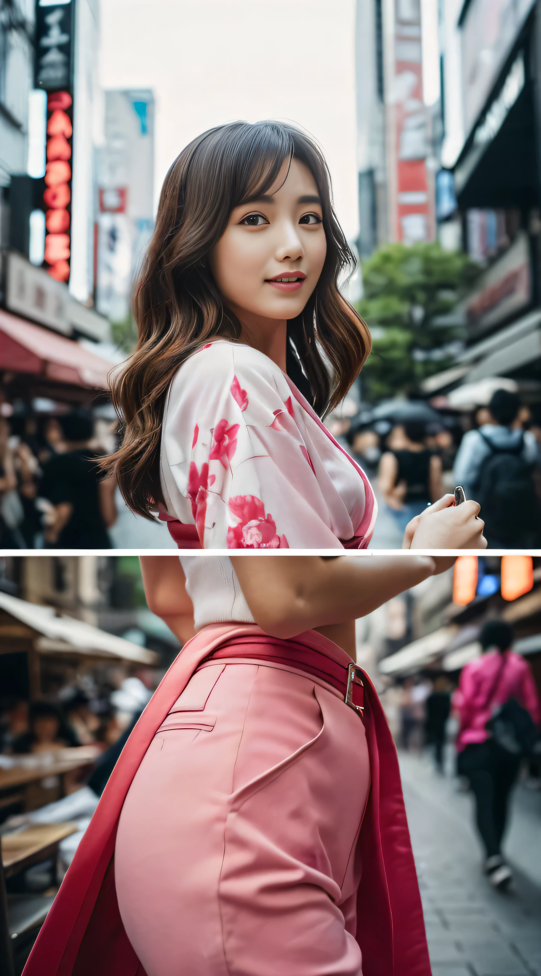 masterpiece)、((((Highest image quality))、((High resolution))、((High Definition CGUnity 8k Wallpapers))、solo、pink kimono、red belt、outdoor、The background is the lively area of Dotonbori,facial details,facial details,chestnut hair,High resolution画像でカメラを見つめながら微笑んでいます