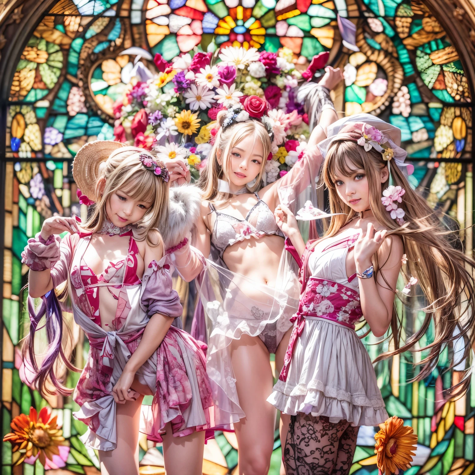 (SFW, White and Red, Ultra-detailed masterpiece:1.2, Exposed:1.2), (nipple:-0.99), (Acutance:0.8), (many sexy junior idols in group photograph), (((Extremely Detailed KAWAII face variations), joyful expression variations)), { Open Cleavage | Navel | pretty Ass | Overflowing Underboob | (Front Opened white blouse) | full of Flowers covering girl's body | (Colorful Light shines and reflects from Dazzling and delicate stained glass:1.2) }. (((UltraRealistic and photorealistic:1.37)) with a touch of rawness). { under the mesmerizing back lighting | concept art | enhancing the overall visual impact }. (not Detailed fingers:-0.9) .