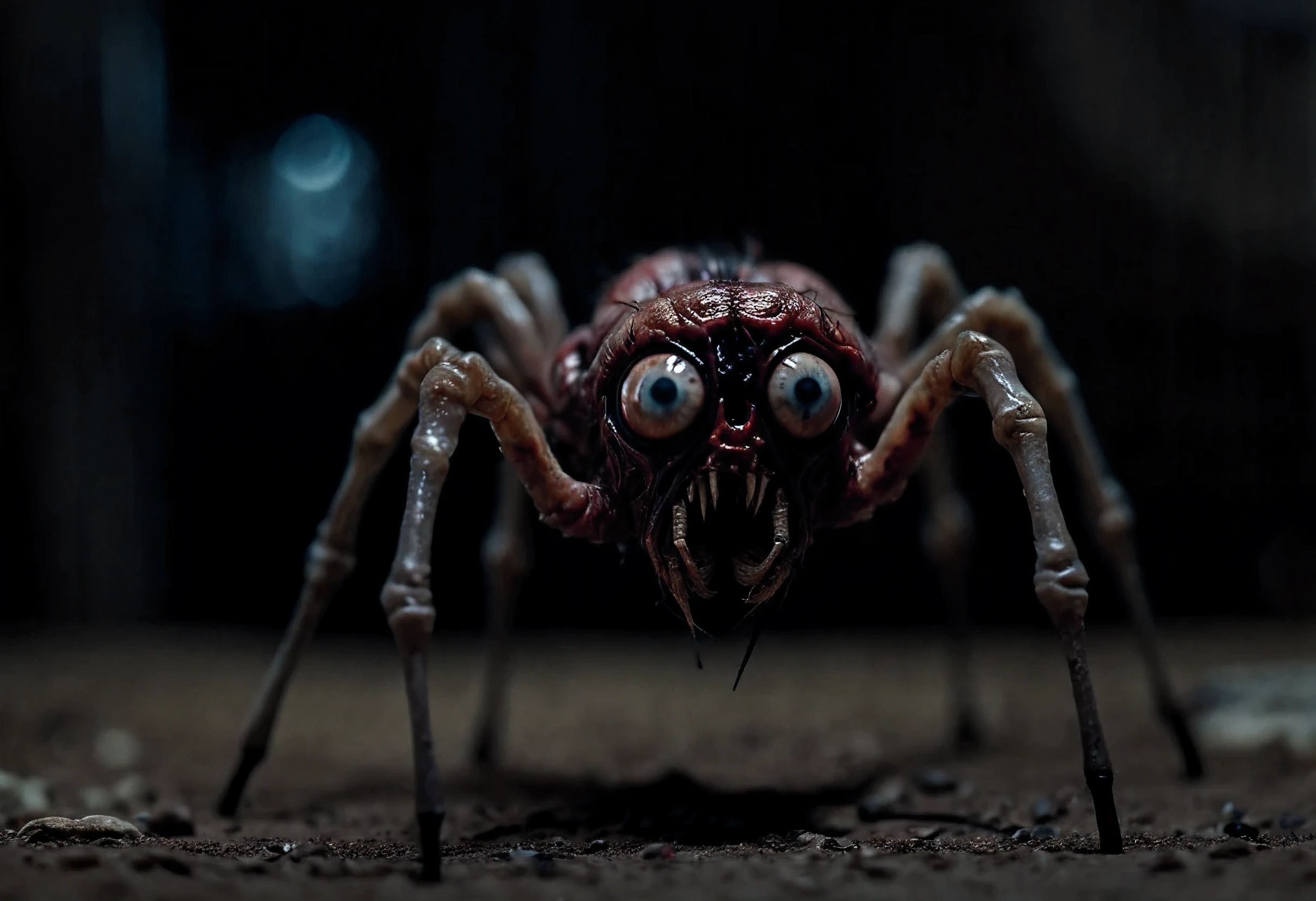 Horror-themed cinematic film still tiny embryonic horse with slider legs and one large eye for a head, trending on artstation, scary, subsurface scattering, horse, spider high budget, bokeh, cinemascope, moody, epic, gorgeous, film grain, grainy . Eerie, unsettling, dark, spooky, suspenseful, grim, highly detailed